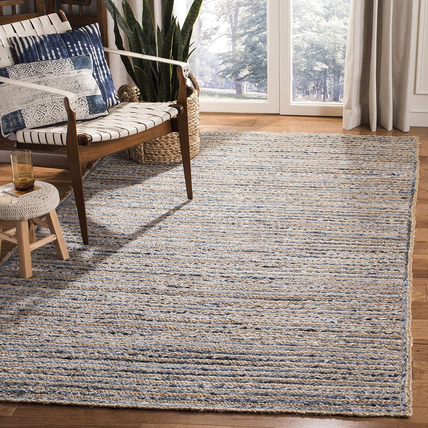 image:imageSAFAVIEH Cape Cod Collection Area Rug 8 x 10 Oval Natural amp Blue Handmade Flat Weave Jute Ideal for High Traffic Areas in Living Room Bedroom CAP250ANaturalBlue