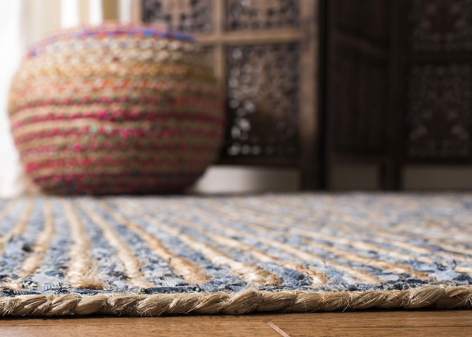 image:imageSAFAVIEH Cape Cod Collection Area Rug 8 x 10 Oval Natural amp Blue Handmade Flat Weave Jute Ideal for High Traffic Areas in Living Room Bedroom CAP250ANaturalBlue