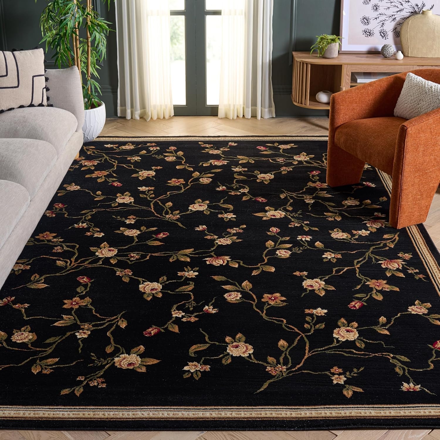 image:imageSAFAVIEH Lyndhurst Collection Area Rug 8 Round Black Traditional Floral Design NonShedding amp Easy Care Ideal for High Traffic Areas in Living Room Bedroom LNH220ABlack