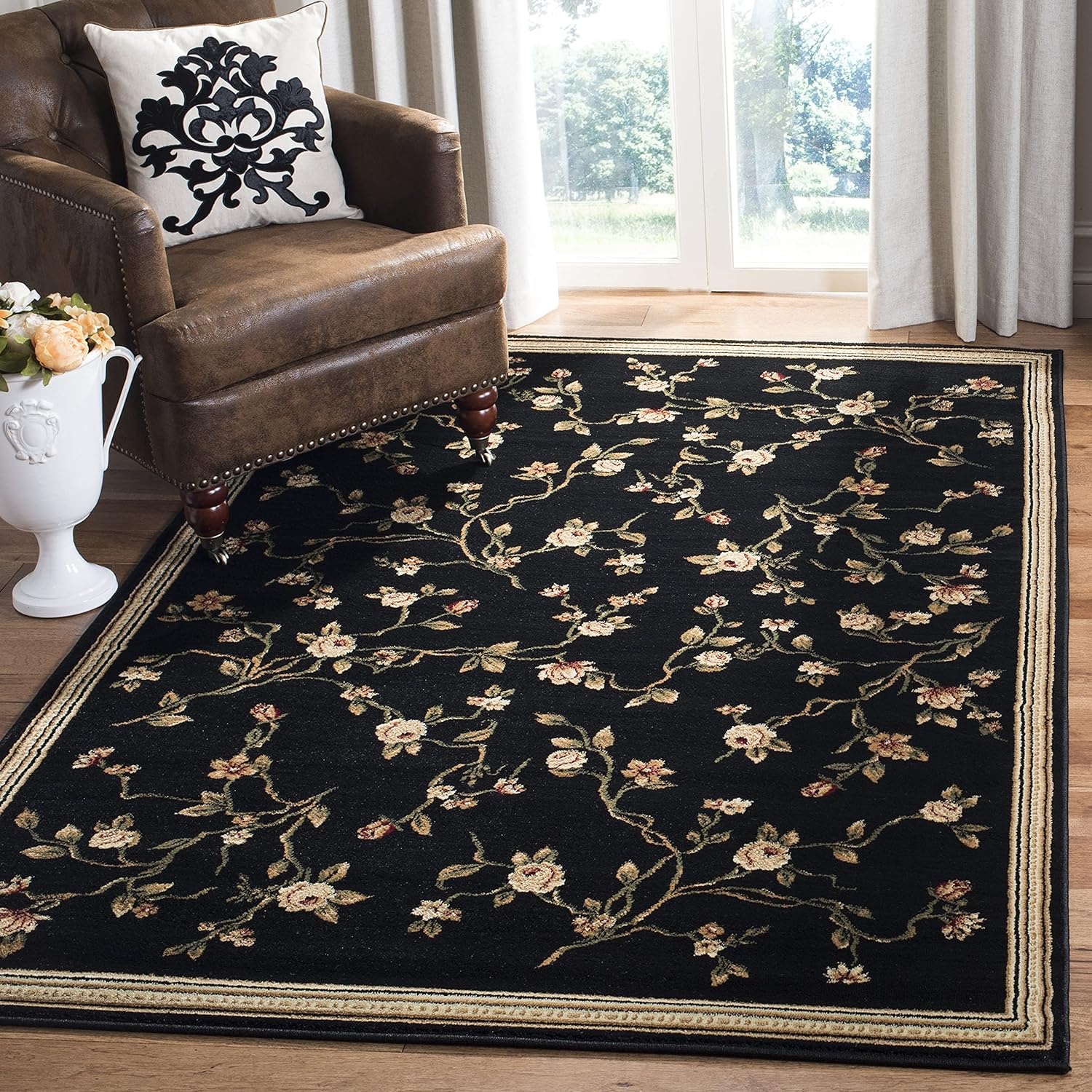 image:imageSAFAVIEH Lyndhurst Collection Area Rug 8 Round Black Traditional Floral Design NonShedding amp Easy Care Ideal for High Traffic Areas in Living Room Bedroom LNH220ABlack