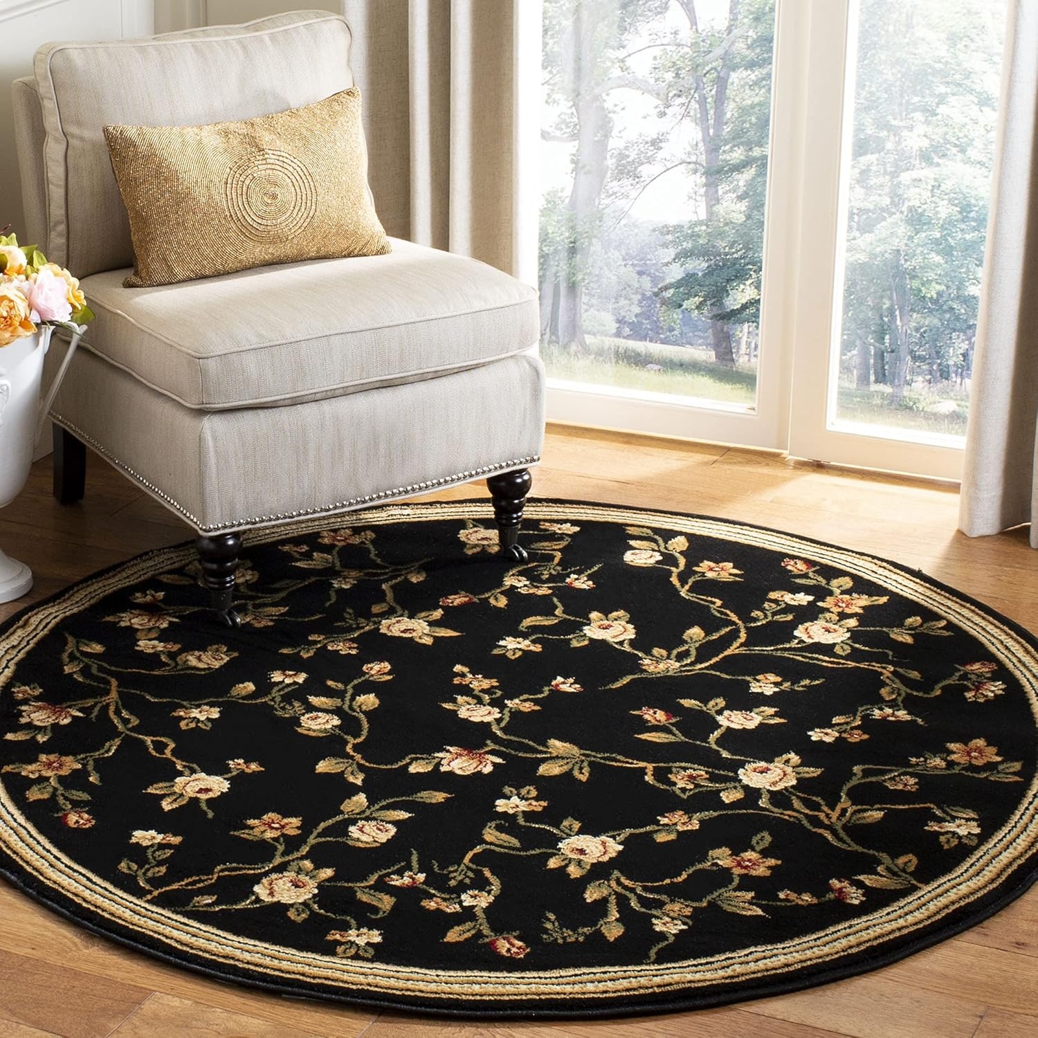 image:imageSAFAVIEH Lyndhurst Collection Area Rug 8 Round Black Traditional Floral Design NonShedding amp Easy Care Ideal for High Traffic Areas in Living Room Bedroom LNH220ABlack