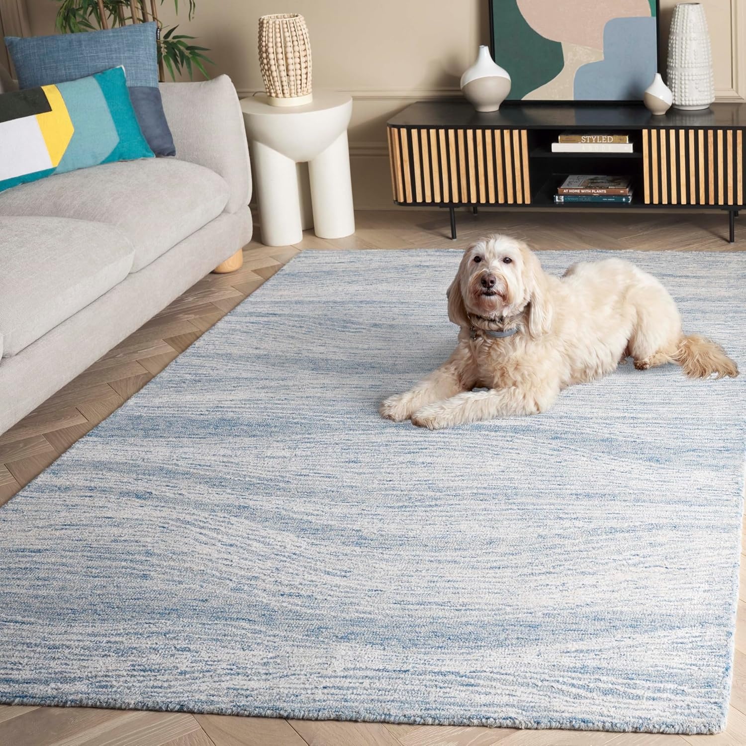 image:imageSAFAVIEH Metro Collection 8 x 10 NaturalIvory MET995A Handmade Premium Wool Living Room Dining Bedroom Area RugBlueIvory