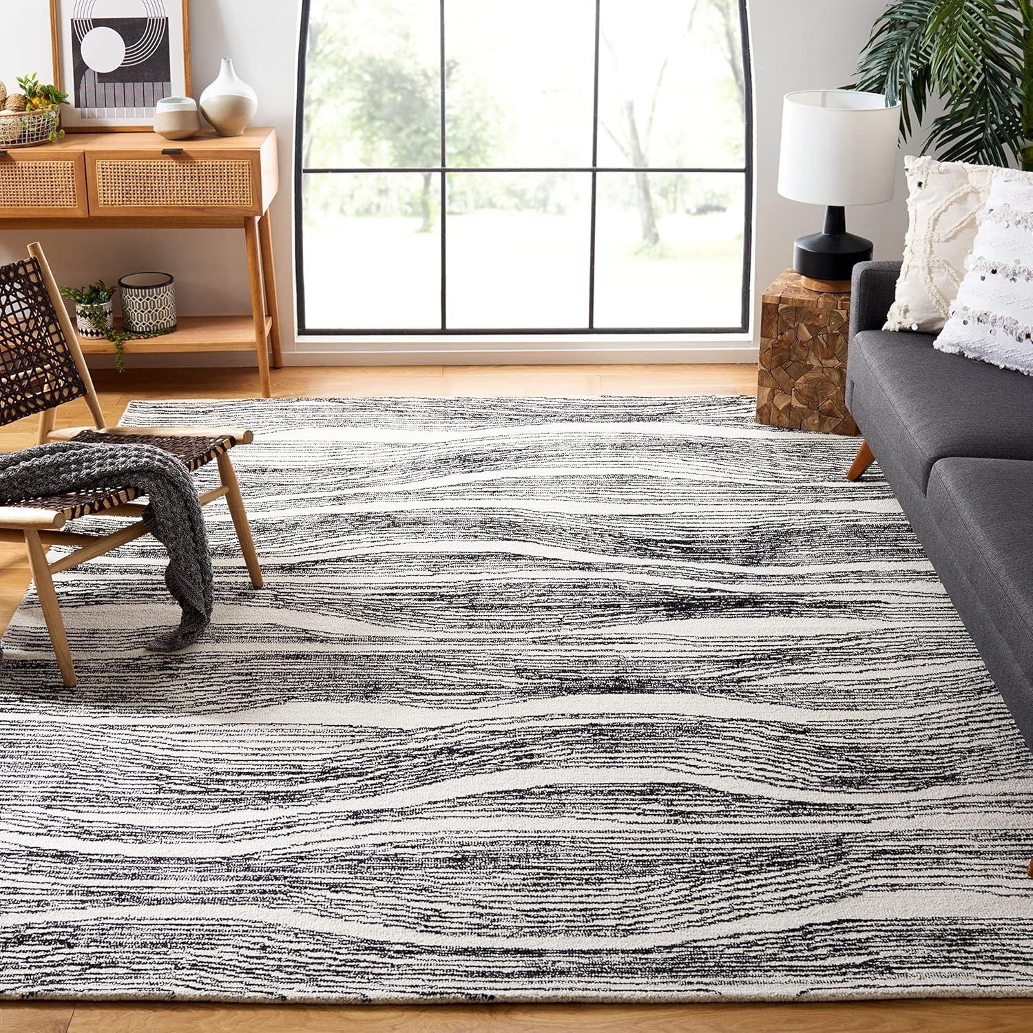 image:imageSAFAVIEH Metro Collection 8 x 10 NaturalIvory MET995A Handmade Premium Wool Living Room Dining Bedroom Area RugIvoryBlack