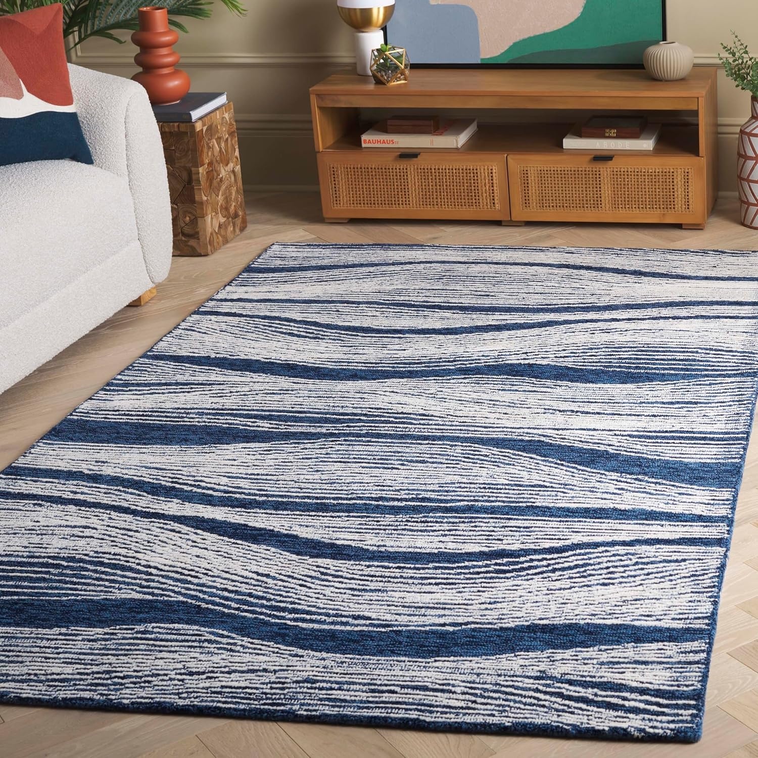 image:imageSAFAVIEH Metro Collection 8 x 10 NaturalIvory MET995A Handmade Premium Wool Living Room Dining Bedroom Area RugNavyIvory