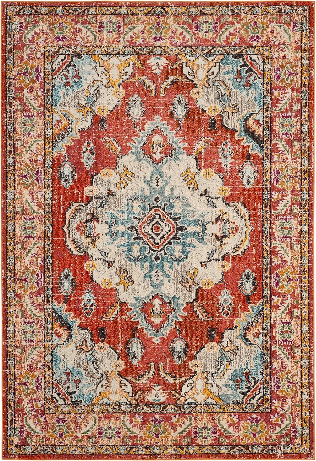 image:imageSAFAVIEH Monaco Collection Area Rug 8 Round Forest Green amp Light Blue NonShedding amp Easy to Clean Distressed Medallion Design Ideal for Living Room Bedroom Dining Space MNC243FOrangeLight Blue