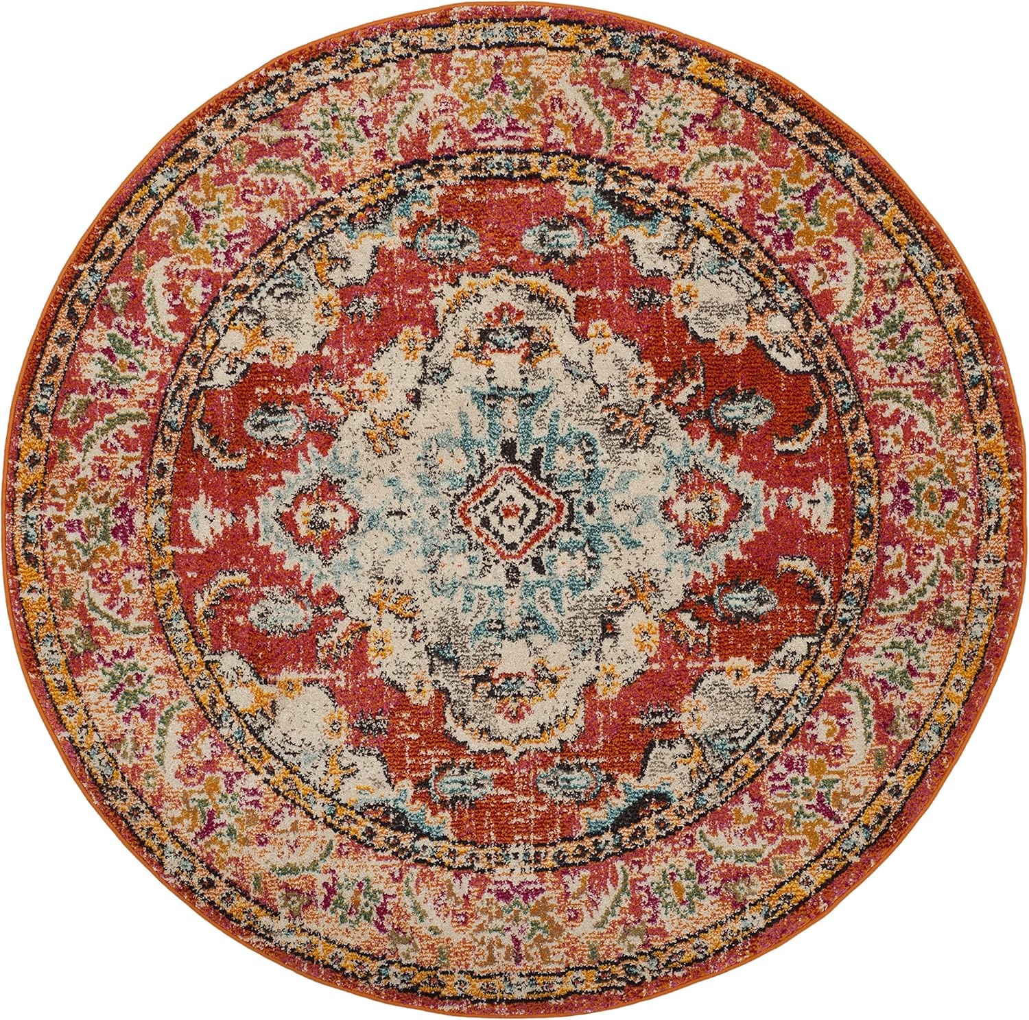 image:imageSAFAVIEH Monaco Collection Area Rug 8 Round Forest Green amp Light Blue NonShedding amp Easy to Clean Distressed Medallion Design Ideal for Living Room Bedroom Dining Space MNC243FOrangeLight Blue