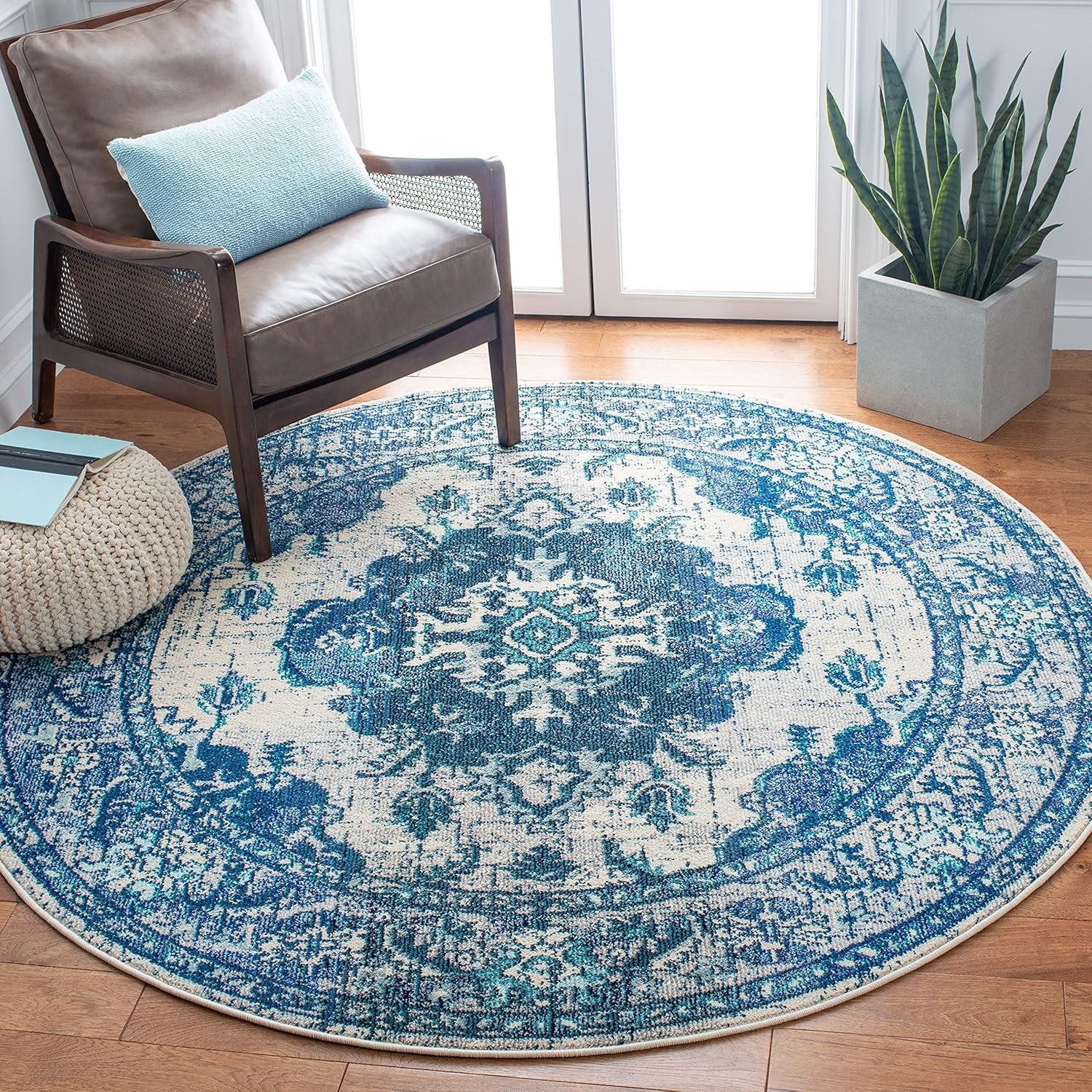 image:imageSAFAVIEH Monaco Collection Area Rug 8 Round Forest Green amp Light Blue NonShedding amp Easy to Clean Distressed Medallion Design Ideal for Living Room Bedroom Dining Space MNC243FIvoryBlue
