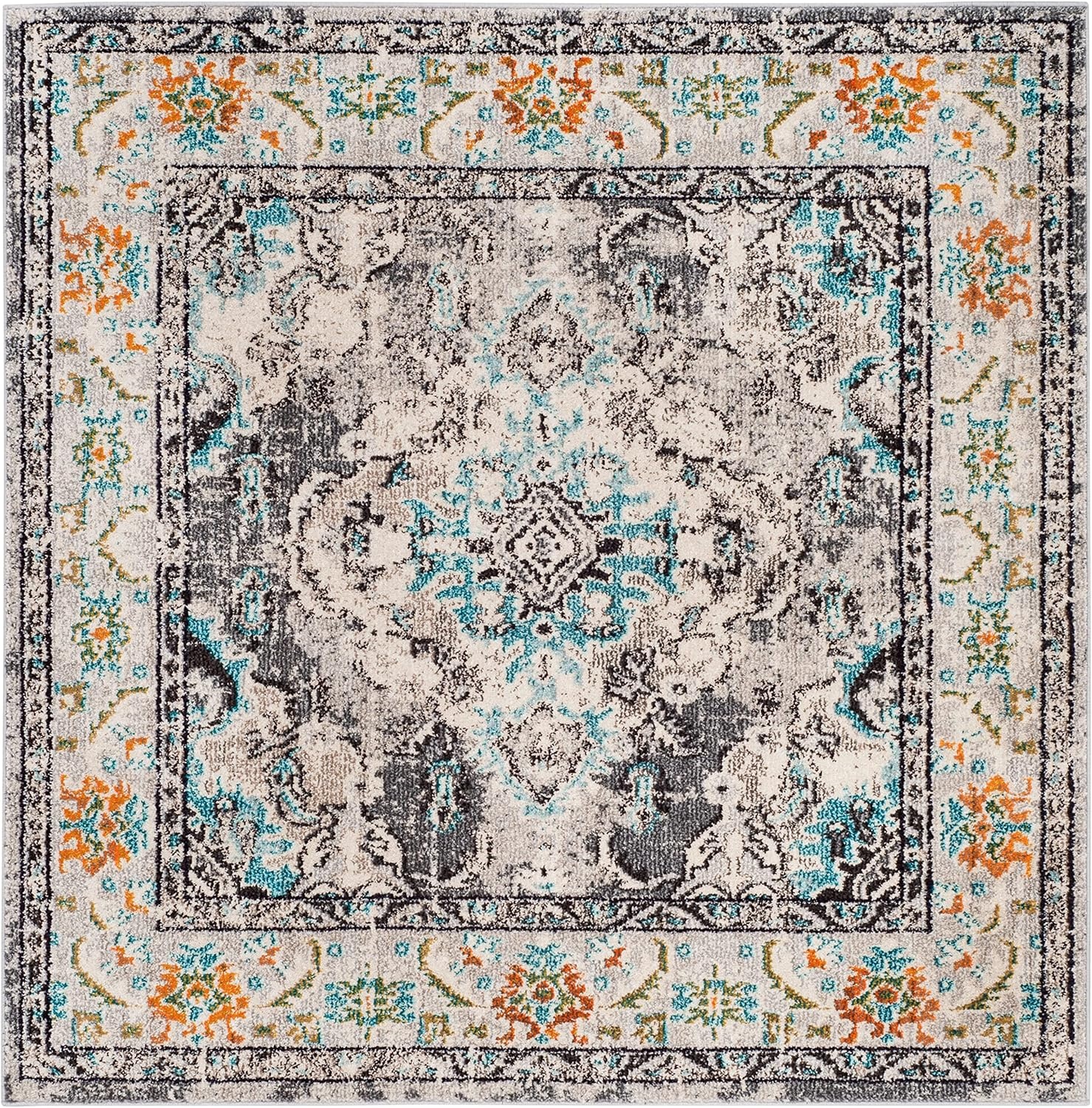 image:imageSAFAVIEH Monaco Collection Area Rug 8 Round Forest Green amp Light Blue NonShedding amp Easy to Clean Distressed Medallion Design Ideal for Living Room Bedroom Dining Space MNC243FGreyLight Blue