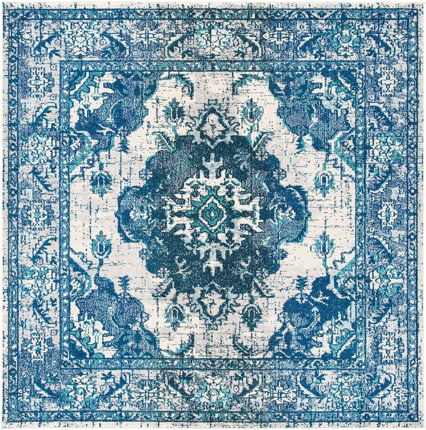 image:imageSAFAVIEH Monaco Collection Area Rug 8 Round Forest Green amp Light Blue NonShedding amp Easy to Clean Distressed Medallion Design Ideal for Living Room Bedroom Dining Space MNC243FIvoryBlue