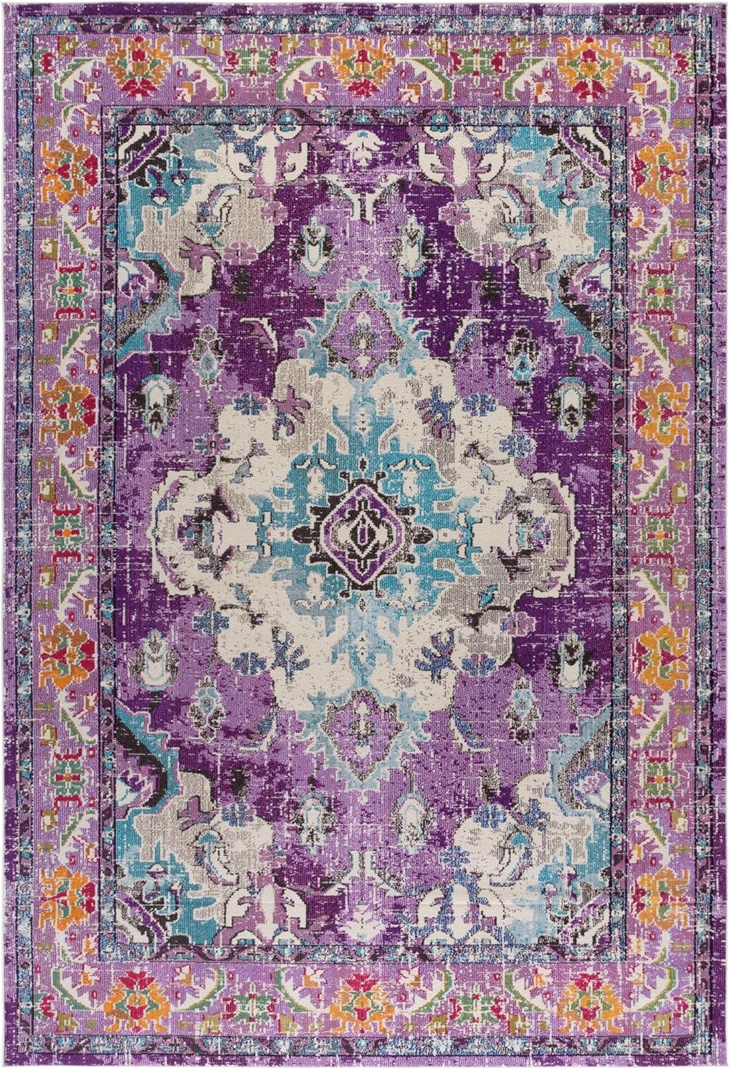 image:imageSAFAVIEH Monaco Collection Area Rug 8 Round Forest Green amp Light Blue NonShedding amp Easy to Clean Distressed Medallion Design Ideal for Living Room Bedroom Dining Space MNC243FVioletLight Blue