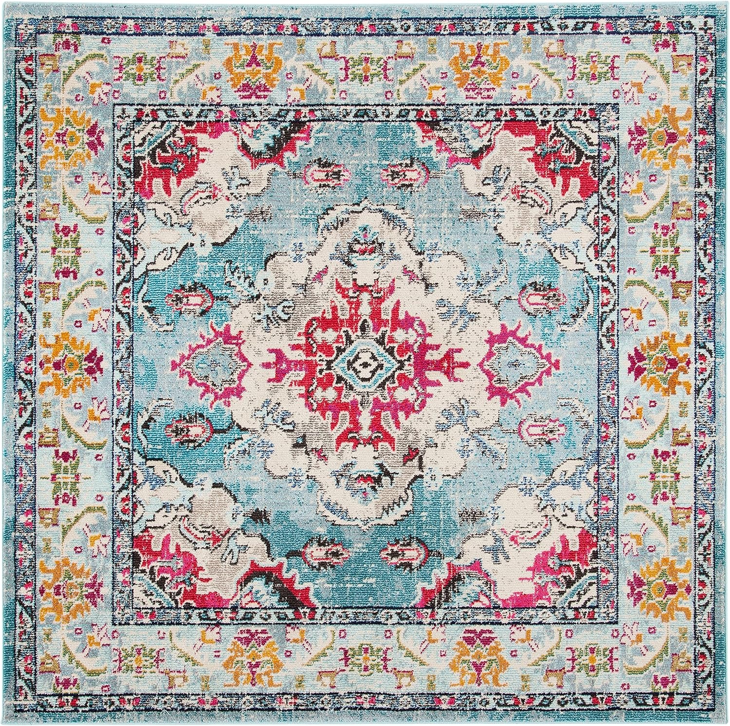 image:imageSAFAVIEH Monaco Collection Area Rug 8 Round Forest Green amp Light Blue NonShedding amp Easy to Clean Distressed Medallion Design Ideal for Living Room Bedroom Dining Space MNC243FLight BlueFuchsia