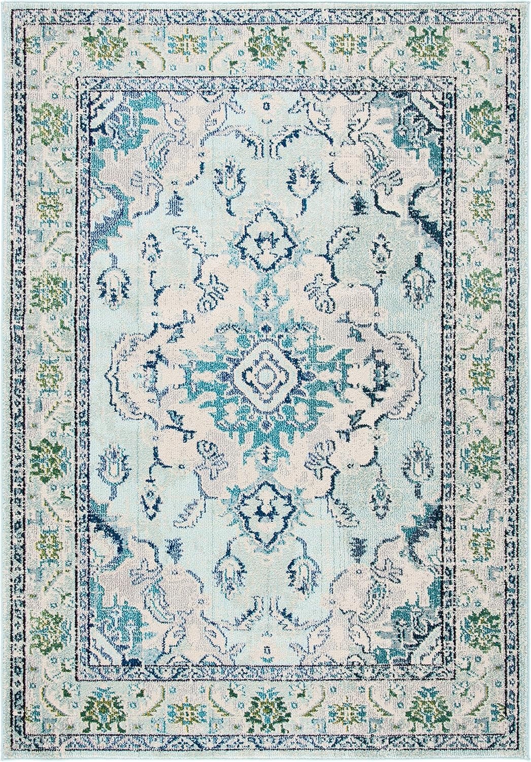 image:imageSAFAVIEH Monaco Collection Area Rug 8 Round Forest Green amp Light Blue NonShedding amp Easy to Clean Distressed Medallion Design Ideal for Living Room Bedroom Dining Space MNC243FLight Blue Ivory