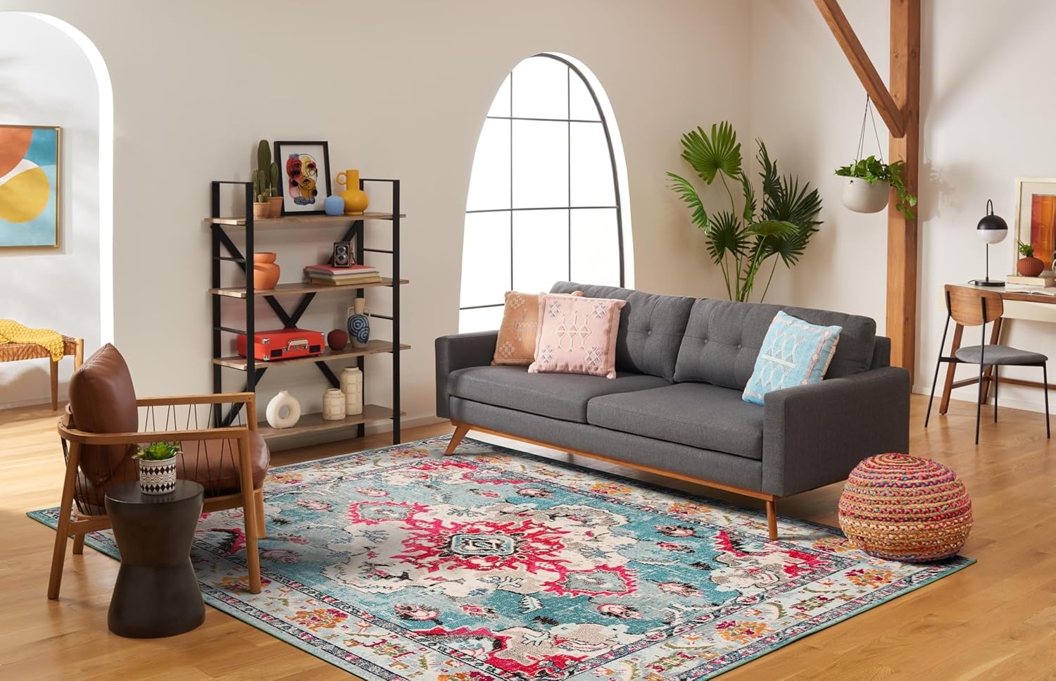 image:imageSAFAVIEH Monaco Collection Area Rug 8 Round Forest Green amp Light Blue NonShedding amp Easy to Clean Distressed Medallion Design Ideal for Living Room Bedroom Dining Space MNC243FLight BlueFuchsia