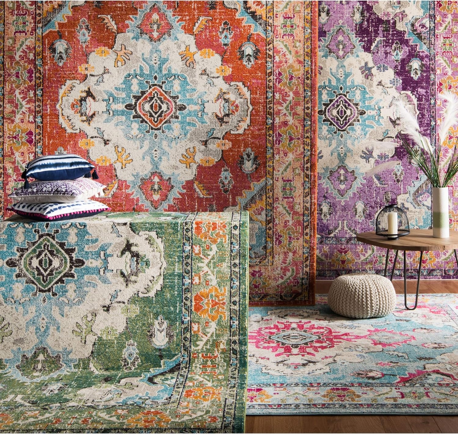 image:imageSAFAVIEH Monaco Collection Area Rug 8 Round Forest Green amp Light Blue NonShedding amp Easy to Clean Distressed Medallion Design Ideal for Living Room Bedroom Dining Space MNC243FOrangeLight Blue