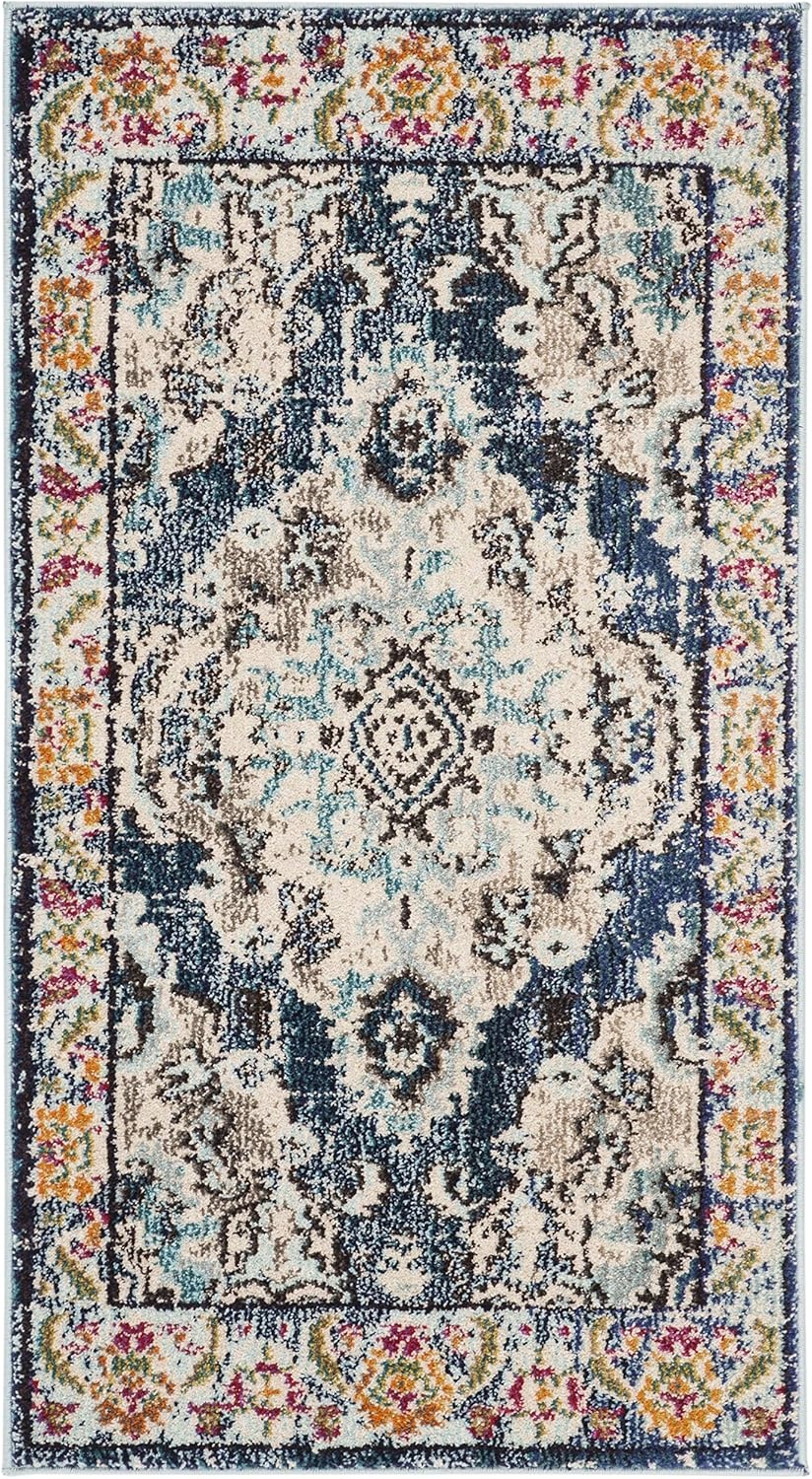 image:imageSAFAVIEH Monaco Collection Area Rug 8 Round Forest Green amp Light Blue NonShedding amp Easy to Clean Distressed Medallion Design Ideal for Living Room Bedroom Dining Space MNC243FNavyLight Blue