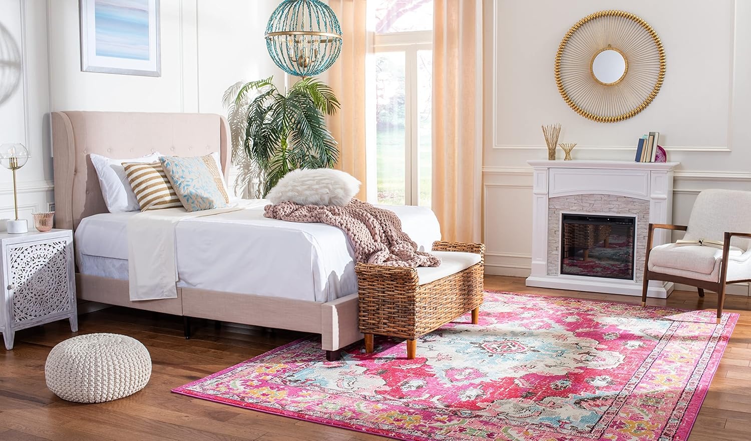 image:imageSAFAVIEH Monaco Collection Area Rug 8 Round Forest Green amp Light Blue NonShedding amp Easy to Clean Distressed Medallion Design Ideal for Living Room Bedroom Dining Space MNC243FPinkMulti