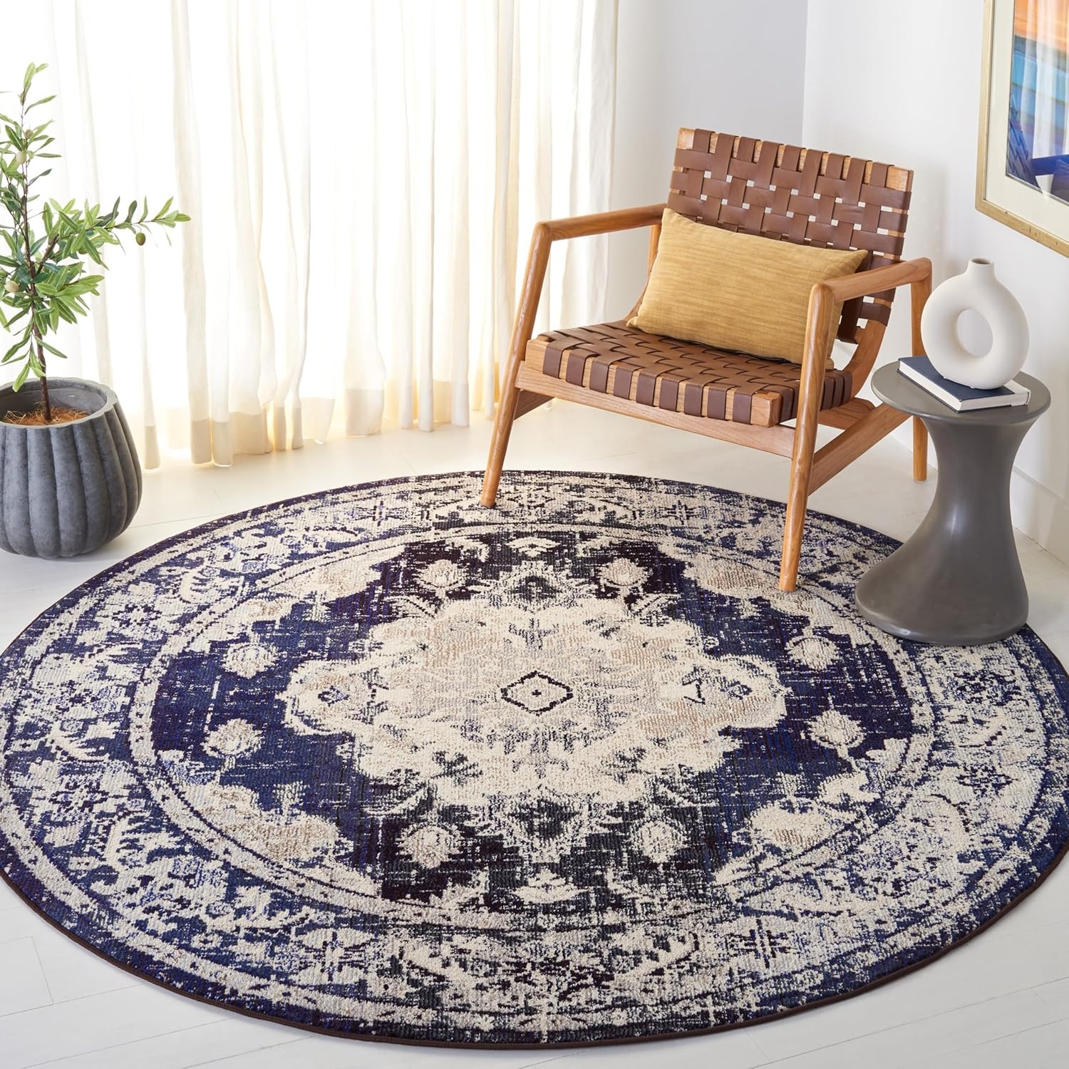 image:imageSAFAVIEH Monaco Collection Area Rug 8 Round Forest Green amp Light Blue NonShedding amp Easy to Clean Distressed Medallion Design Ideal for Living Room Bedroom Dining Space MNC243FIvoryNavy