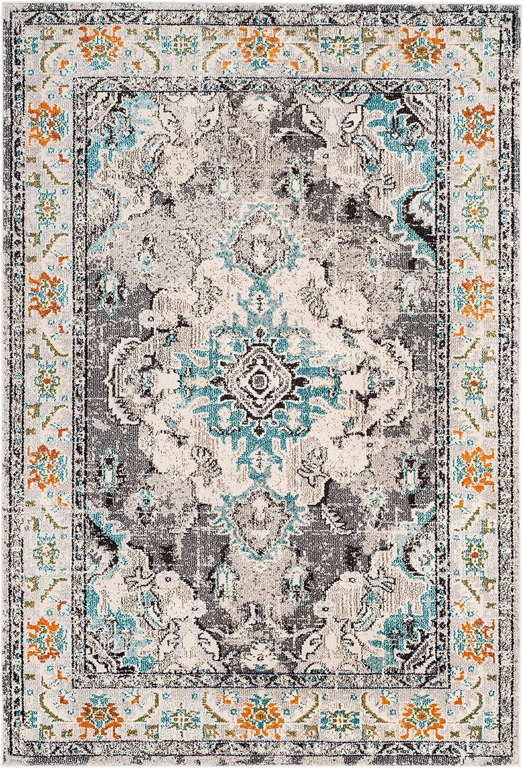 image:imageSAFAVIEH Monaco Collection Area Rug 8 Round Forest Green amp Light Blue NonShedding amp Easy to Clean Distressed Medallion Design Ideal for Living Room Bedroom Dining Space MNC243FGreyLight Blue