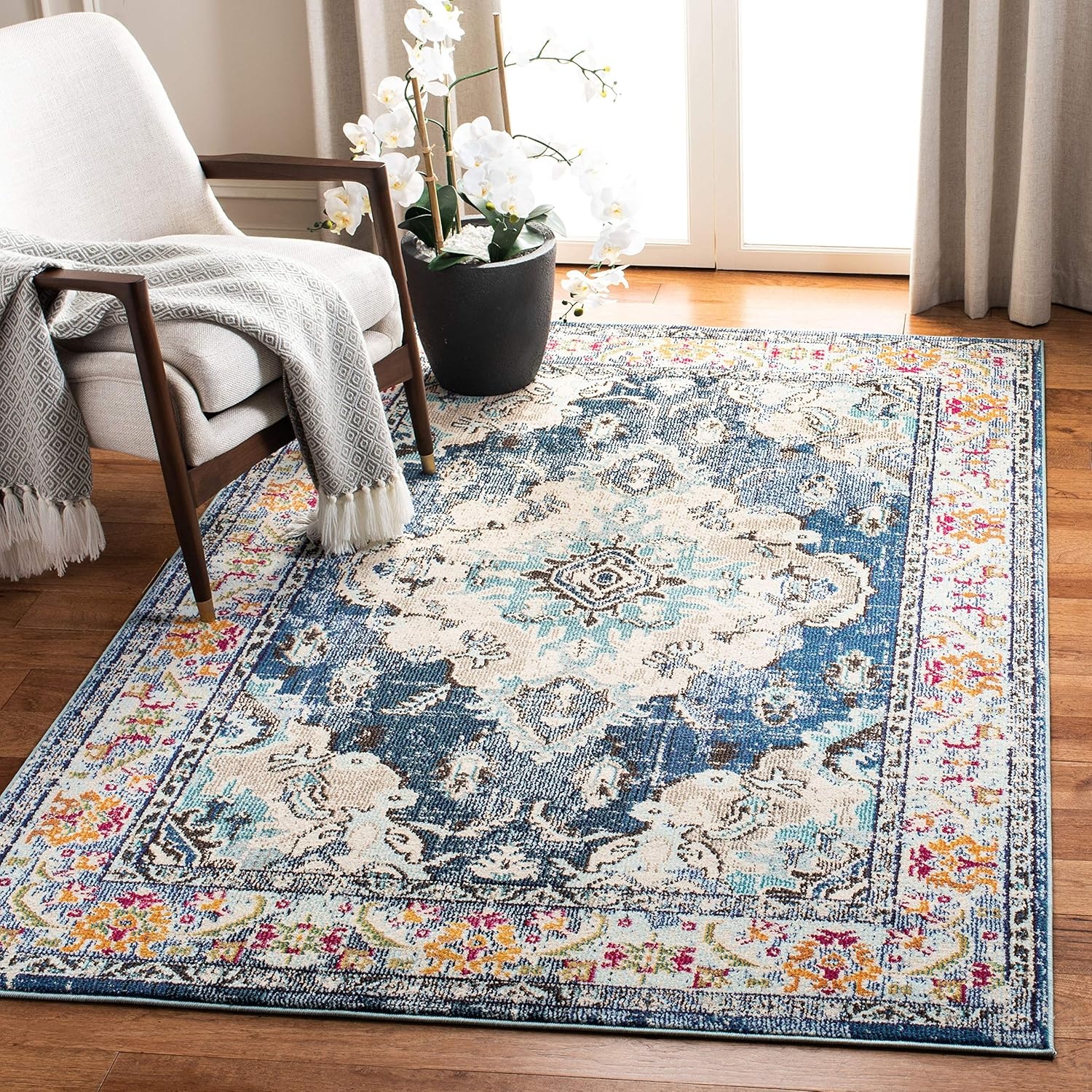 image:imageSAFAVIEH Monaco Collection Area Rug 8 Round Forest Green amp Light Blue NonShedding amp Easy to Clean Distressed Medallion Design Ideal for Living Room Bedroom Dining Space MNC243FNavyLight Blue