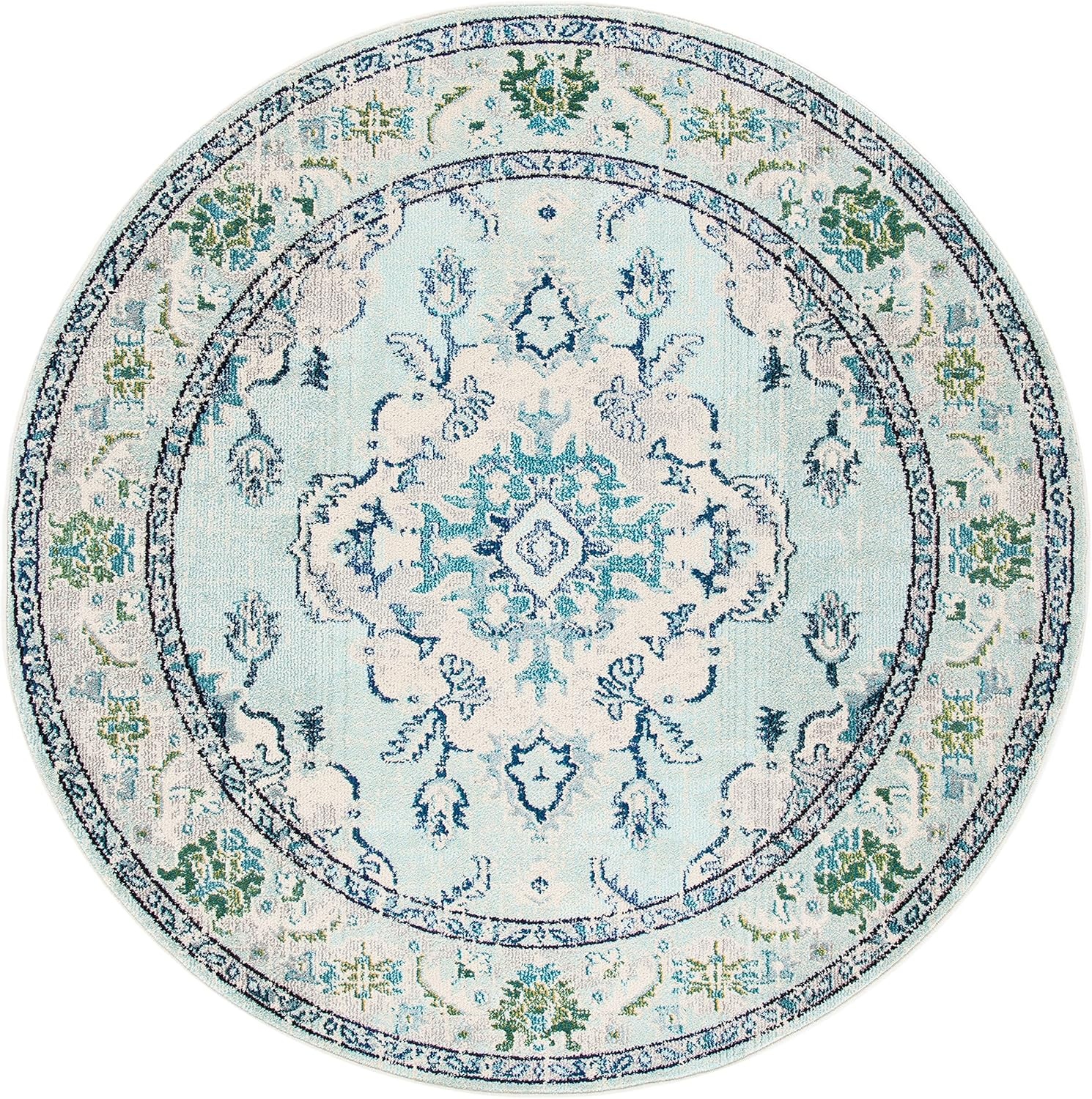 image:imageSAFAVIEH Monaco Collection Area Rug 8 Round Forest Green amp Light Blue NonShedding amp Easy to Clean Distressed Medallion Design Ideal for Living Room Bedroom Dining Space MNC243FLight Blue Ivory