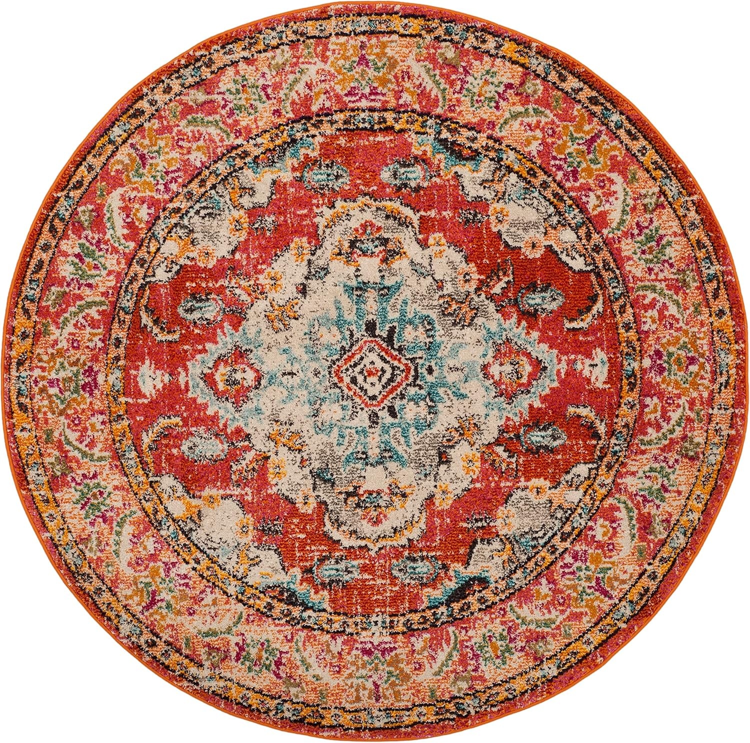 image:imageSAFAVIEH Monaco Collection Area Rug 8 Round Forest Green amp Light Blue NonShedding amp Easy to Clean Distressed Medallion Design Ideal for Living Room Bedroom Dining Space MNC243FOrangeLight Blue