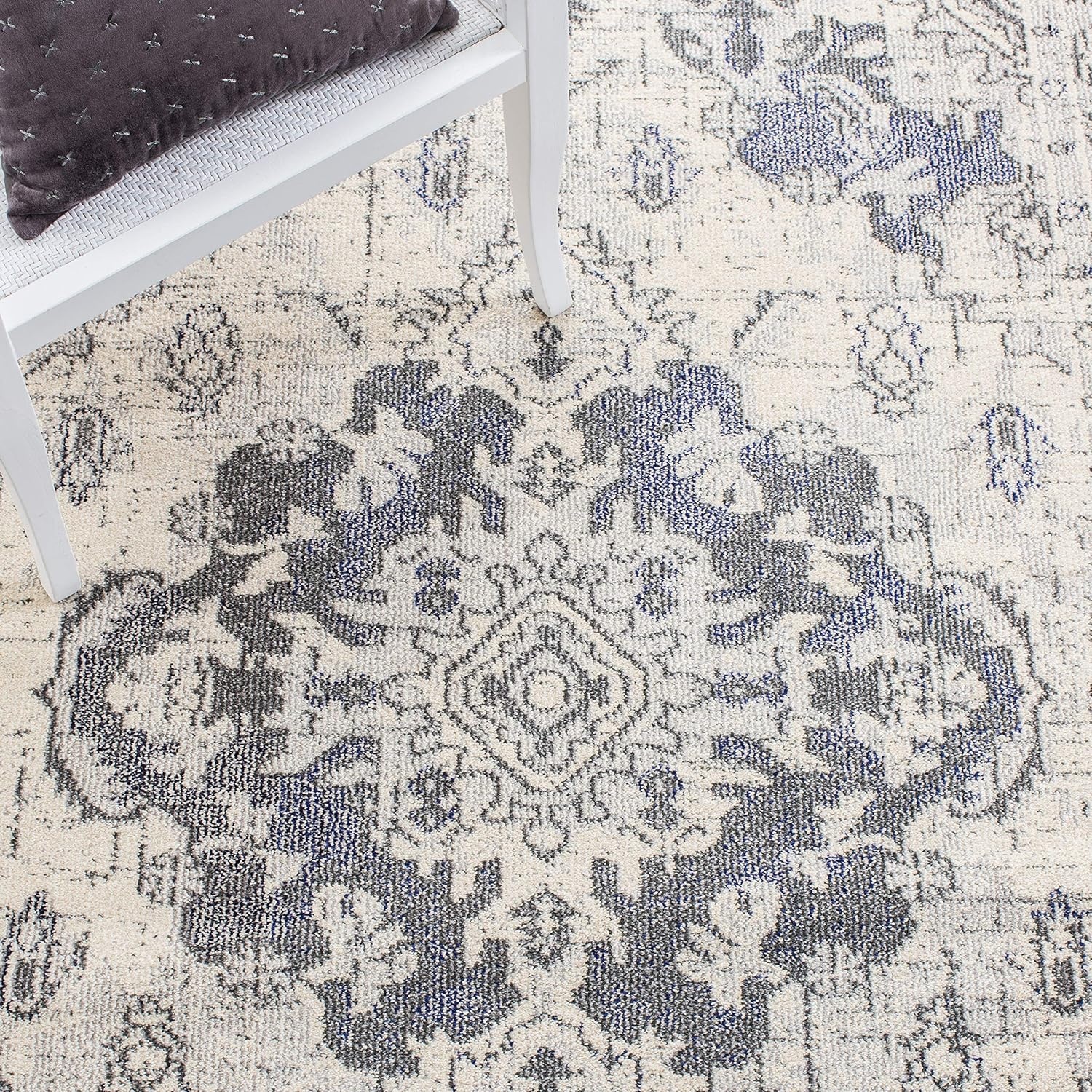 image:imageSAFAVIEH Monaco Collection Area Rug 8 Round Forest Green amp Light Blue NonShedding amp Easy to Clean Distressed Medallion Design Ideal for Living Room Bedroom Dining Space MNC243FIvoryGrey
