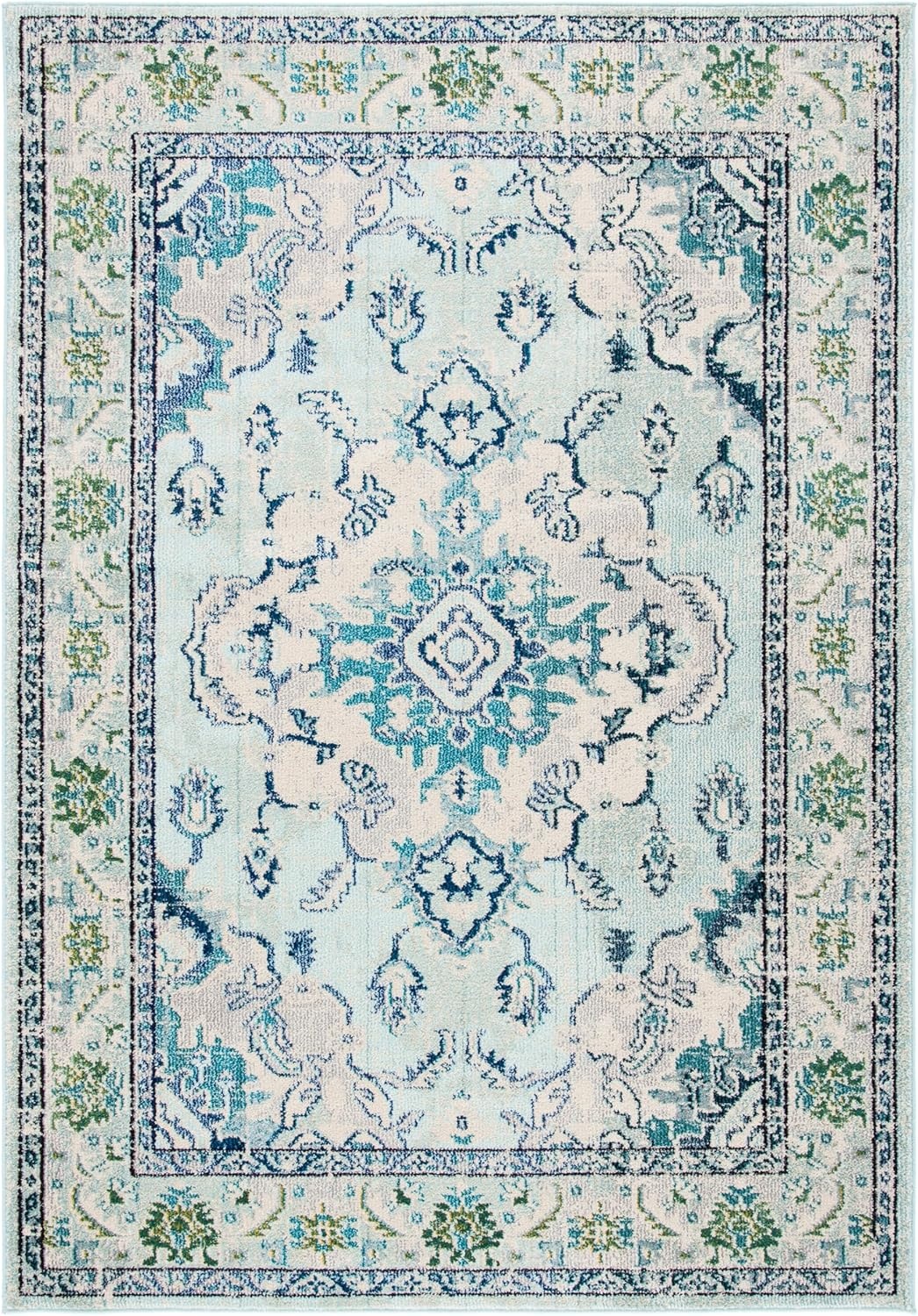 image:imageSAFAVIEH Monaco Collection Area Rug 8 Round Forest Green amp Light Blue NonShedding amp Easy to Clean Distressed Medallion Design Ideal for Living Room Bedroom Dining Space MNC243FLight Blue Ivory