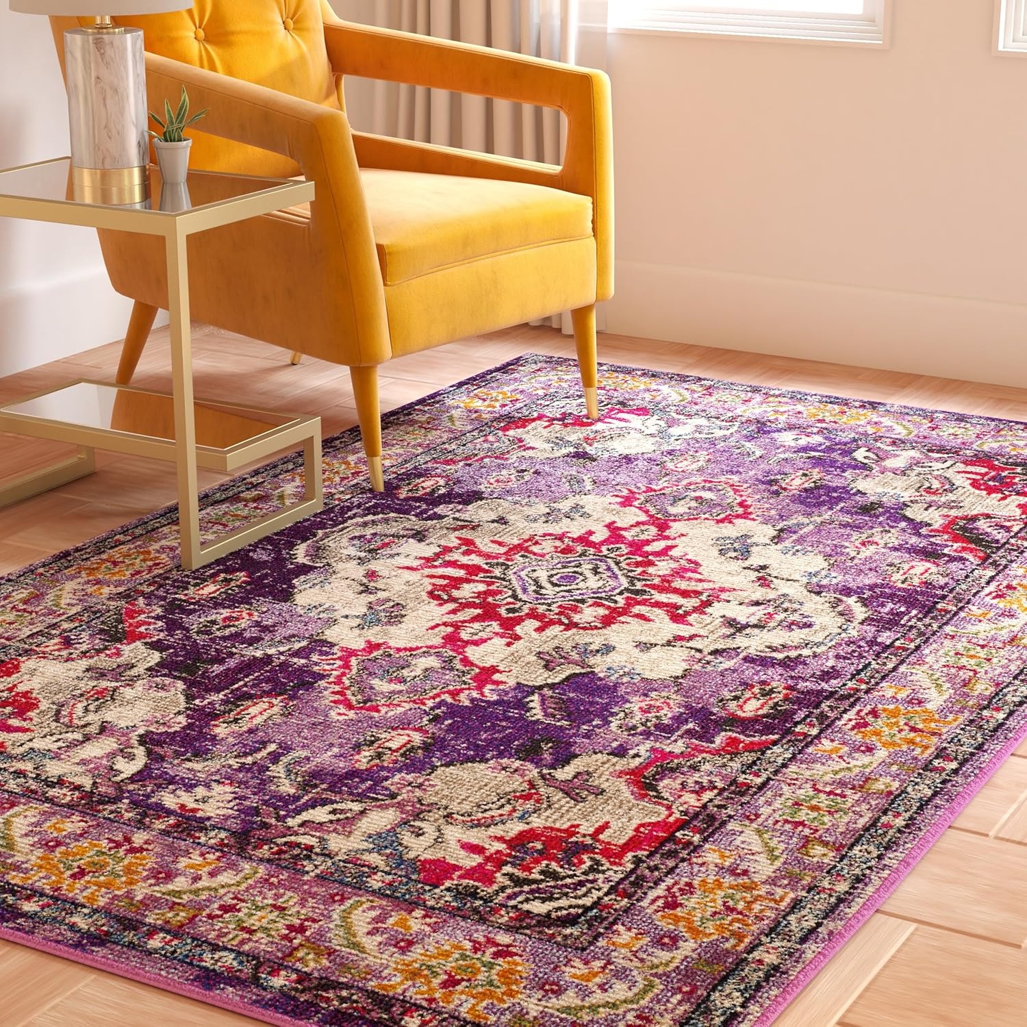 image:imageSAFAVIEH Monaco Collection Area Rug 8 Round Forest Green amp Light Blue NonShedding amp Easy to Clean Distressed Medallion Design Ideal for Living Room Bedroom Dining Space MNC243FVioletFuchsia