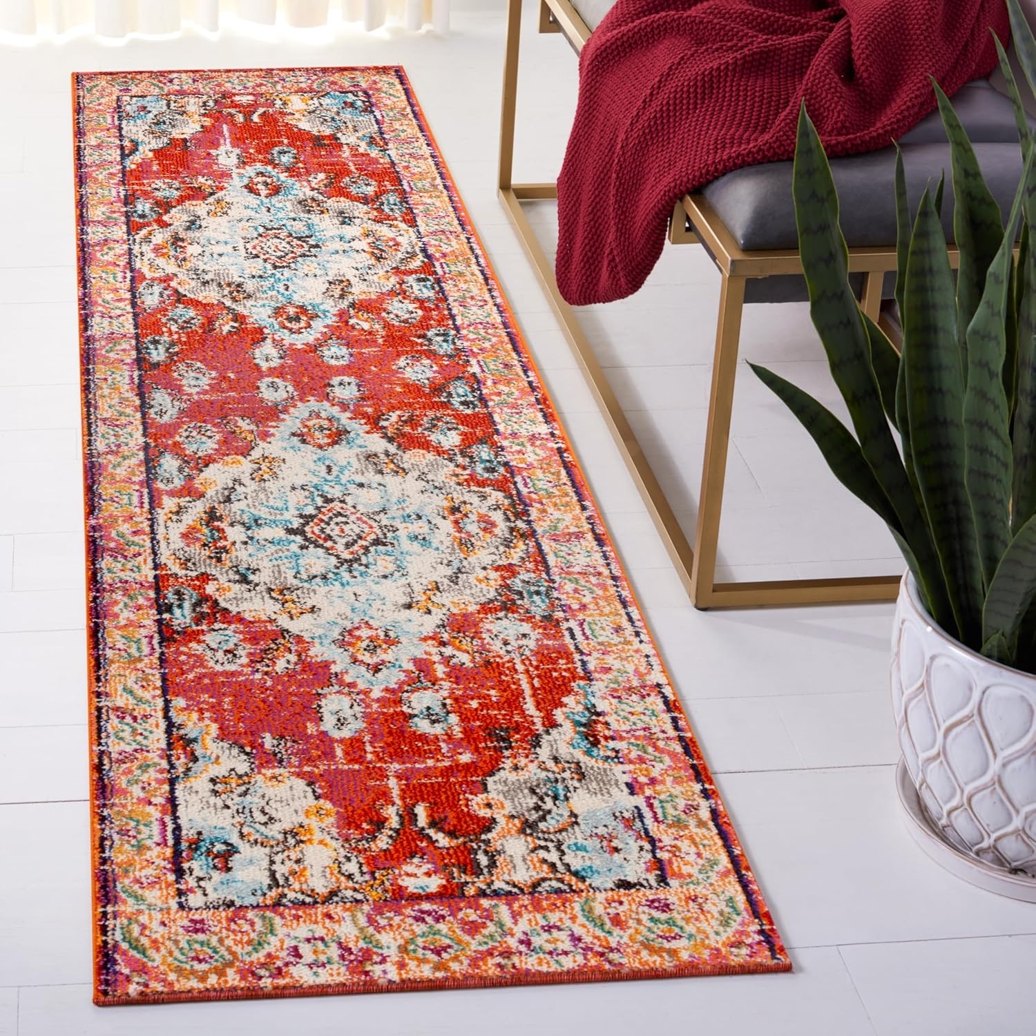 image:imageSAFAVIEH Monaco Collection Area Rug 8 Round Forest Green amp Light Blue NonShedding amp Easy to Clean Distressed Medallion Design Ideal for Living Room Bedroom Dining Space MNC243FOrangeLight Blue