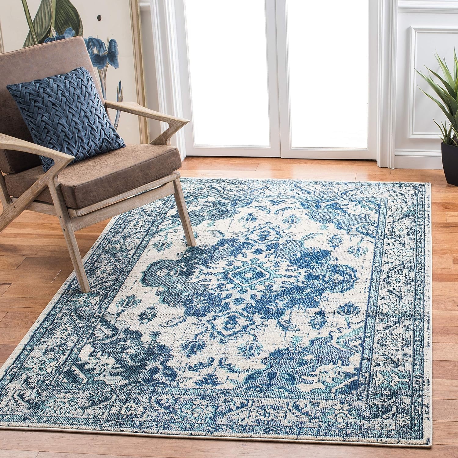 image:imageSAFAVIEH Monaco Collection Area Rug 8 Round Forest Green amp Light Blue NonShedding amp Easy to Clean Distressed Medallion Design Ideal for Living Room Bedroom Dining Space MNC243FIvoryBlue