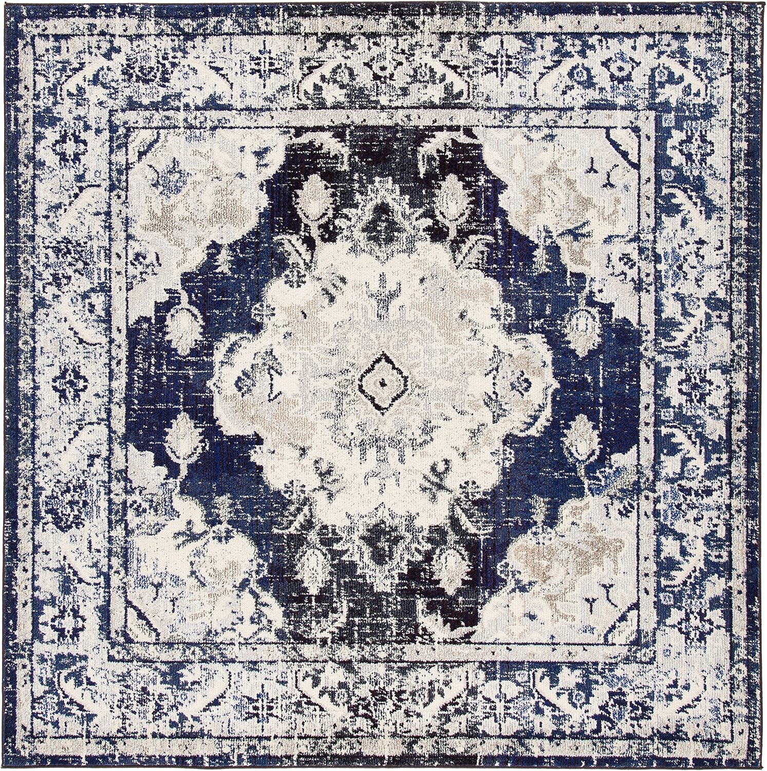 image:imageSAFAVIEH Monaco Collection Area Rug 8 Round Forest Green amp Light Blue NonShedding amp Easy to Clean Distressed Medallion Design Ideal for Living Room Bedroom Dining Space MNC243FIvoryNavy