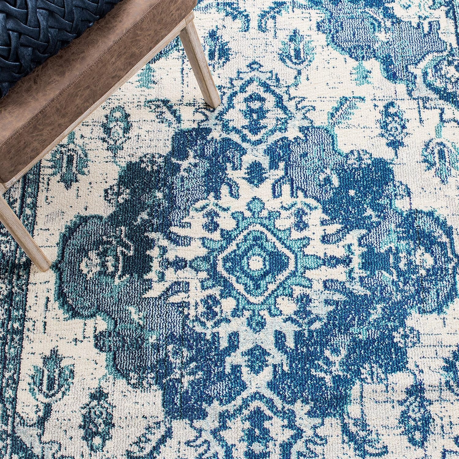 image:imageSAFAVIEH Monaco Collection Area Rug 8 Round Forest Green amp Light Blue NonShedding amp Easy to Clean Distressed Medallion Design Ideal for Living Room Bedroom Dining Space MNC243FIvoryBlue