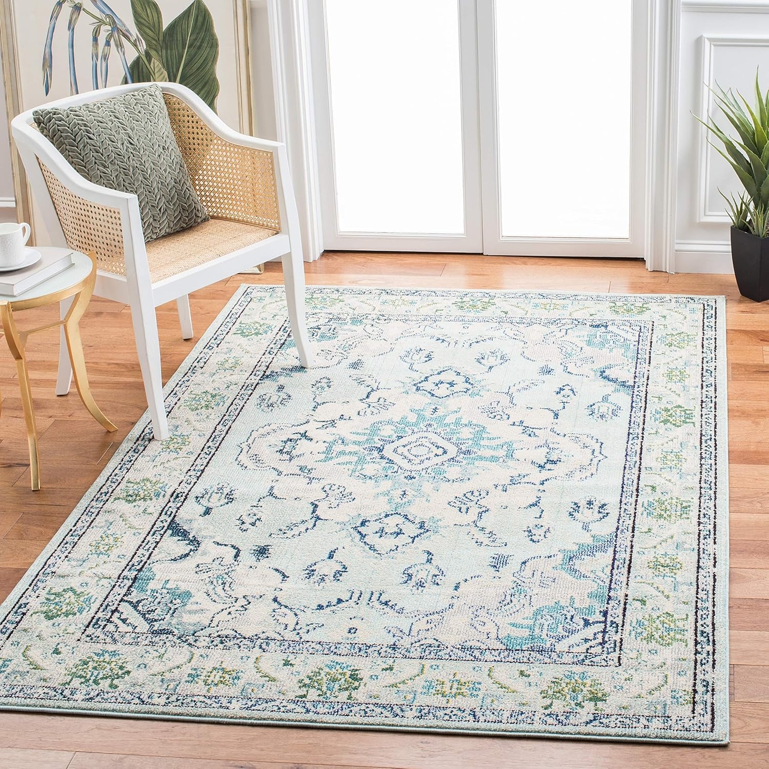 image:imageSAFAVIEH Monaco Collection Area Rug 8 Round Forest Green amp Light Blue NonShedding amp Easy to Clean Distressed Medallion Design Ideal for Living Room Bedroom Dining Space MNC243FLight Blue Ivory