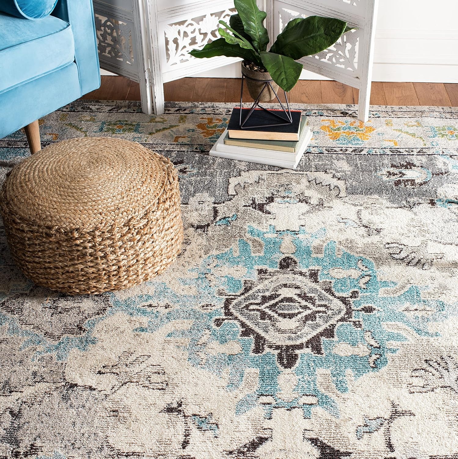 image:imageSAFAVIEH Monaco Collection Area Rug 8 Round Forest Green amp Light Blue NonShedding amp Easy to Clean Distressed Medallion Design Ideal for Living Room Bedroom Dining Space MNC243FGreyLight Blue
