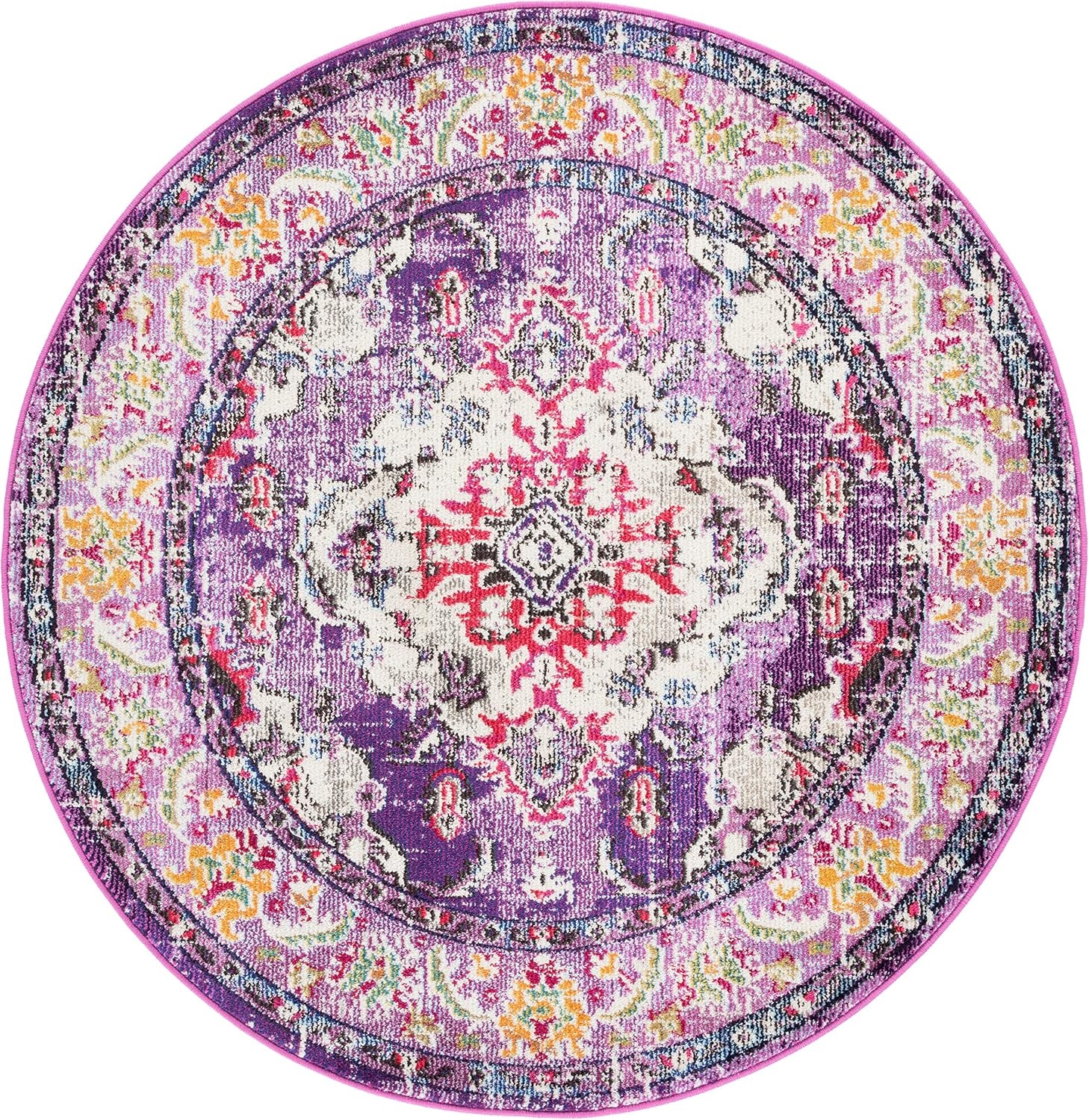 image:imageSAFAVIEH Monaco Collection Area Rug 8 Round Forest Green amp Light Blue NonShedding amp Easy to Clean Distressed Medallion Design Ideal for Living Room Bedroom Dining Space MNC243FVioletFuchsia