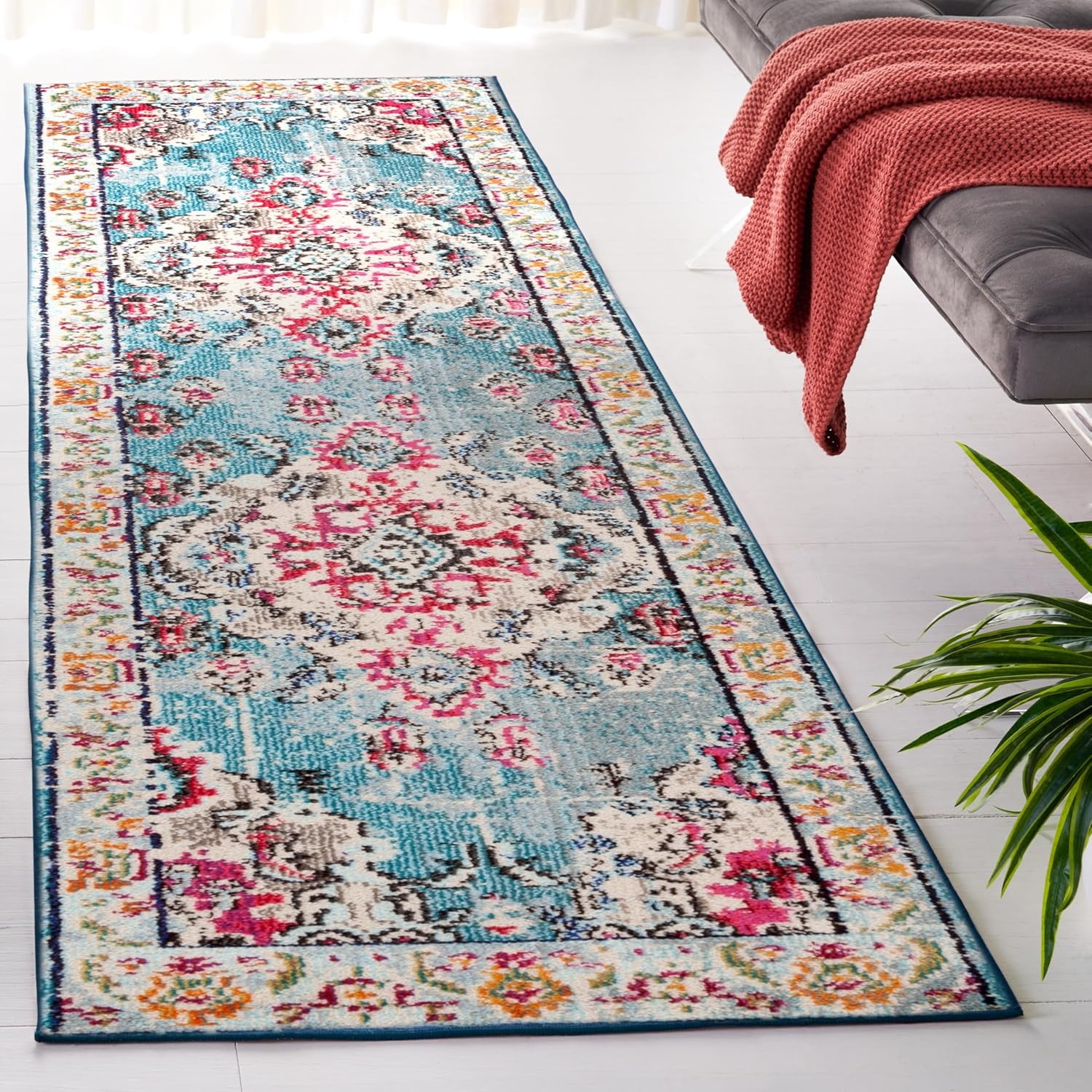 image:imageSAFAVIEH Monaco Collection Area Rug 8 Round Forest Green amp Light Blue NonShedding amp Easy to Clean Distressed Medallion Design Ideal for Living Room Bedroom Dining Space MNC243FLight BlueFuchsia