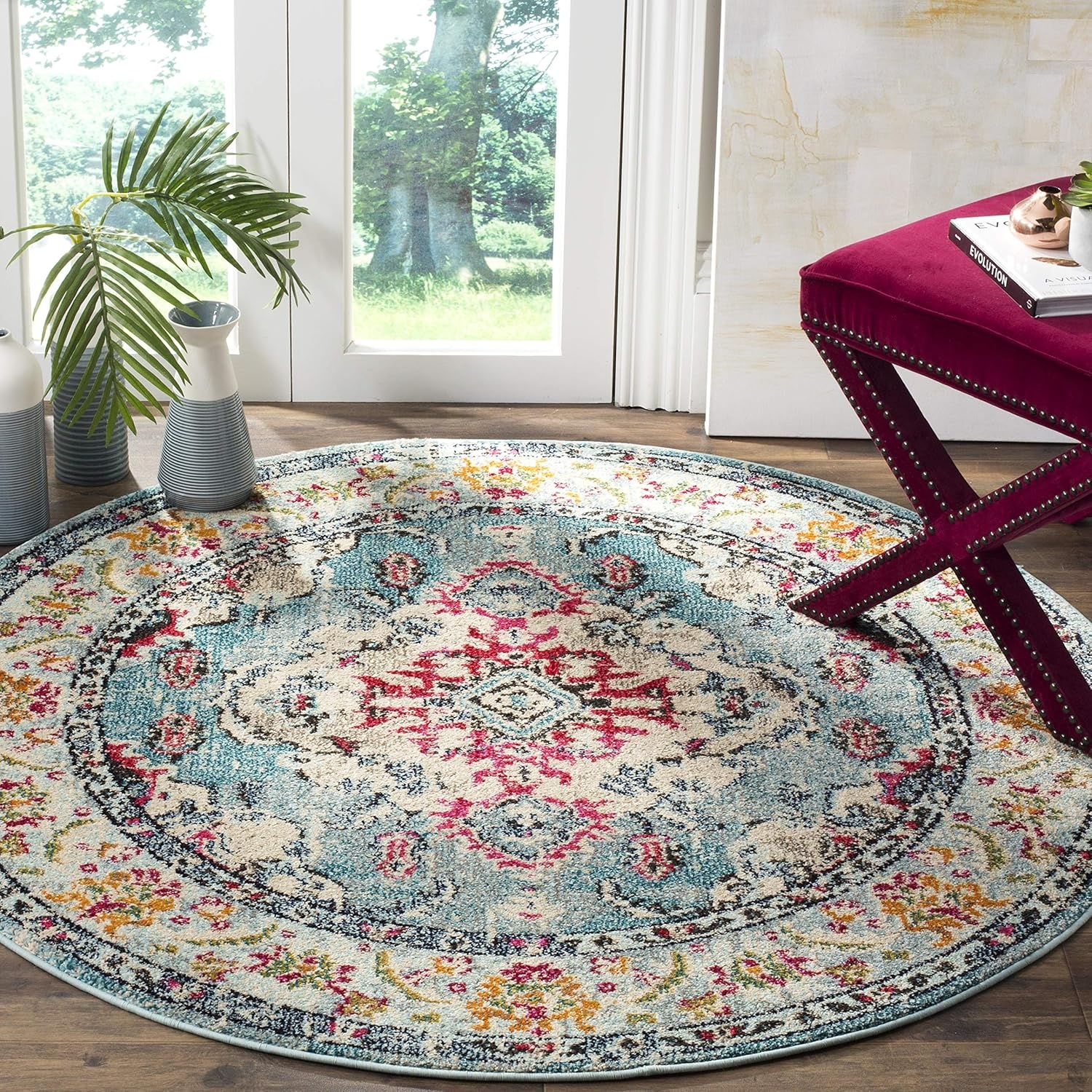 image:imageSAFAVIEH Monaco Collection Area Rug 8 Round Forest Green amp Light Blue NonShedding amp Easy to Clean Distressed Medallion Design Ideal for Living Room Bedroom Dining Space MNC243FLight BlueFuchsia