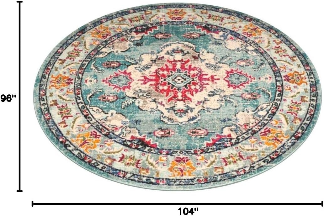 image:imageSAFAVIEH Monaco Collection Area Rug 8 Round Forest Green amp Light Blue NonShedding amp Easy to Clean Distressed Medallion Design Ideal for Living Room Bedroom Dining Space MNC243FLight BlueFuchsia