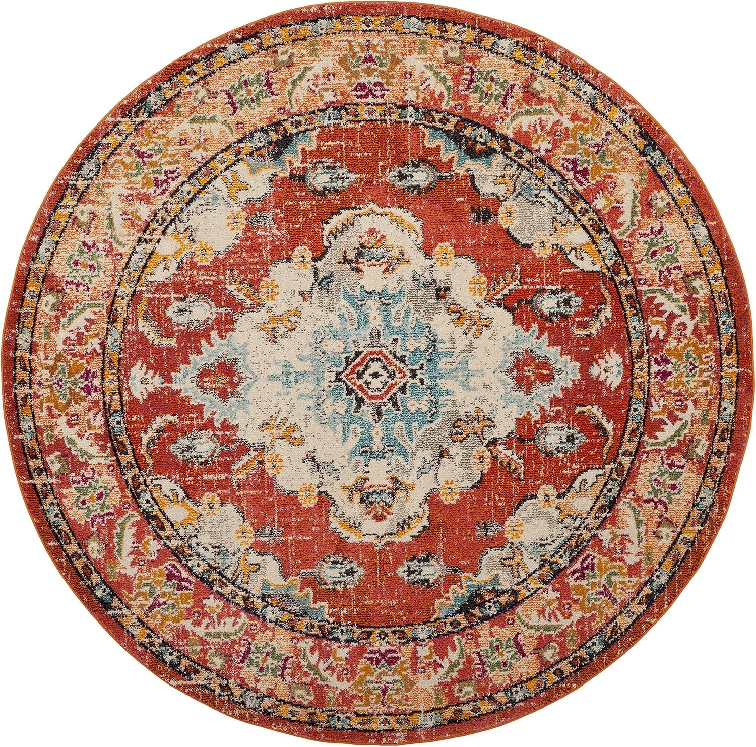 image:imageSAFAVIEH Monaco Collection Area Rug 8 Round Forest Green amp Light Blue NonShedding amp Easy to Clean Distressed Medallion Design Ideal for Living Room Bedroom Dining Space MNC243FOrangeLight Blue