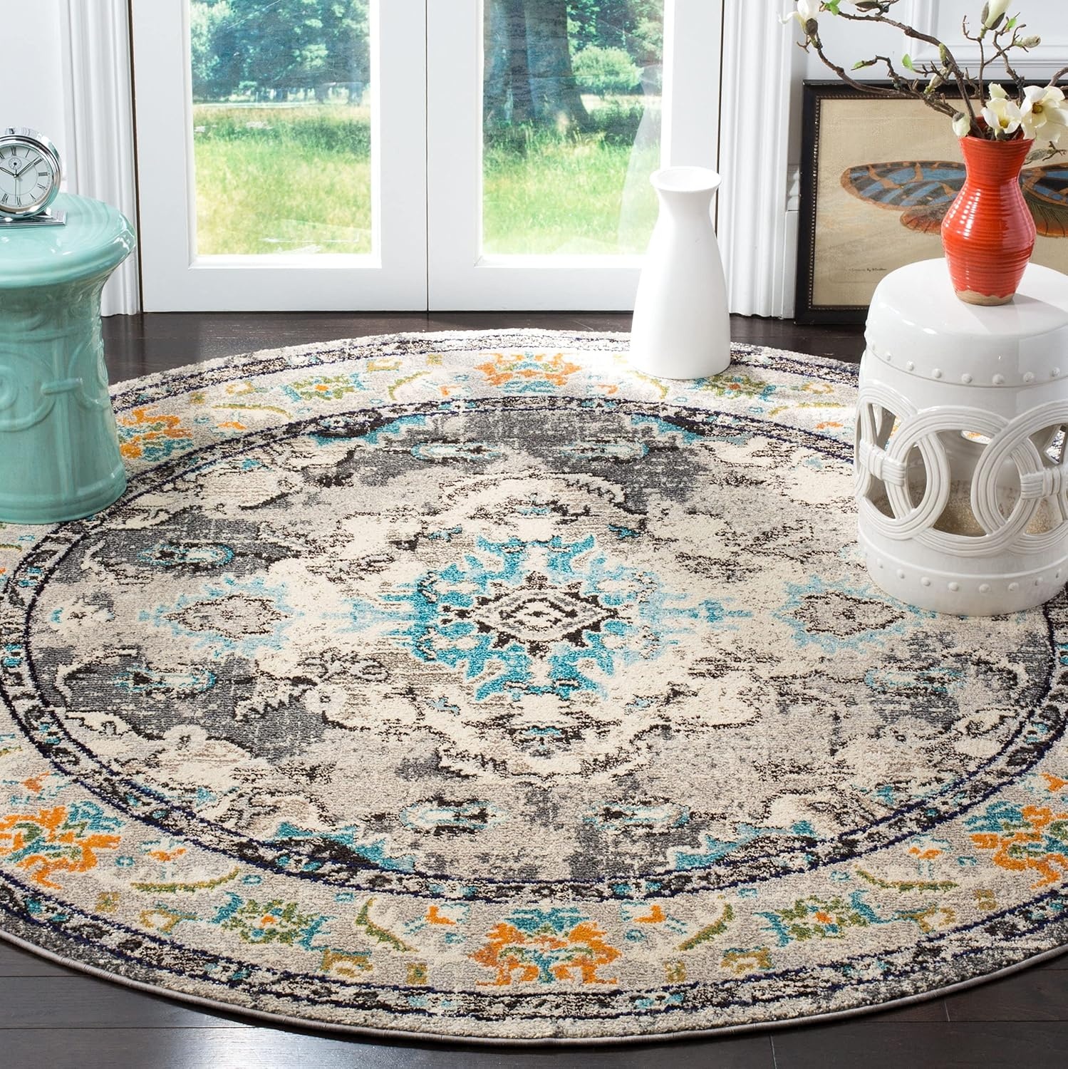 image:imageSAFAVIEH Monaco Collection Area Rug 8 Round Forest Green amp Light Blue NonShedding amp Easy to Clean Distressed Medallion Design Ideal for Living Room Bedroom Dining Space MNC243FGreyLight Blue