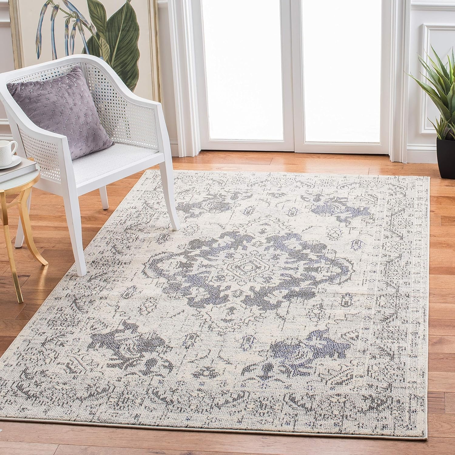 image:imageSAFAVIEH Monaco Collection Area Rug 8 Round Forest Green amp Light Blue NonShedding amp Easy to Clean Distressed Medallion Design Ideal for Living Room Bedroom Dining Space MNC243FIvoryGrey