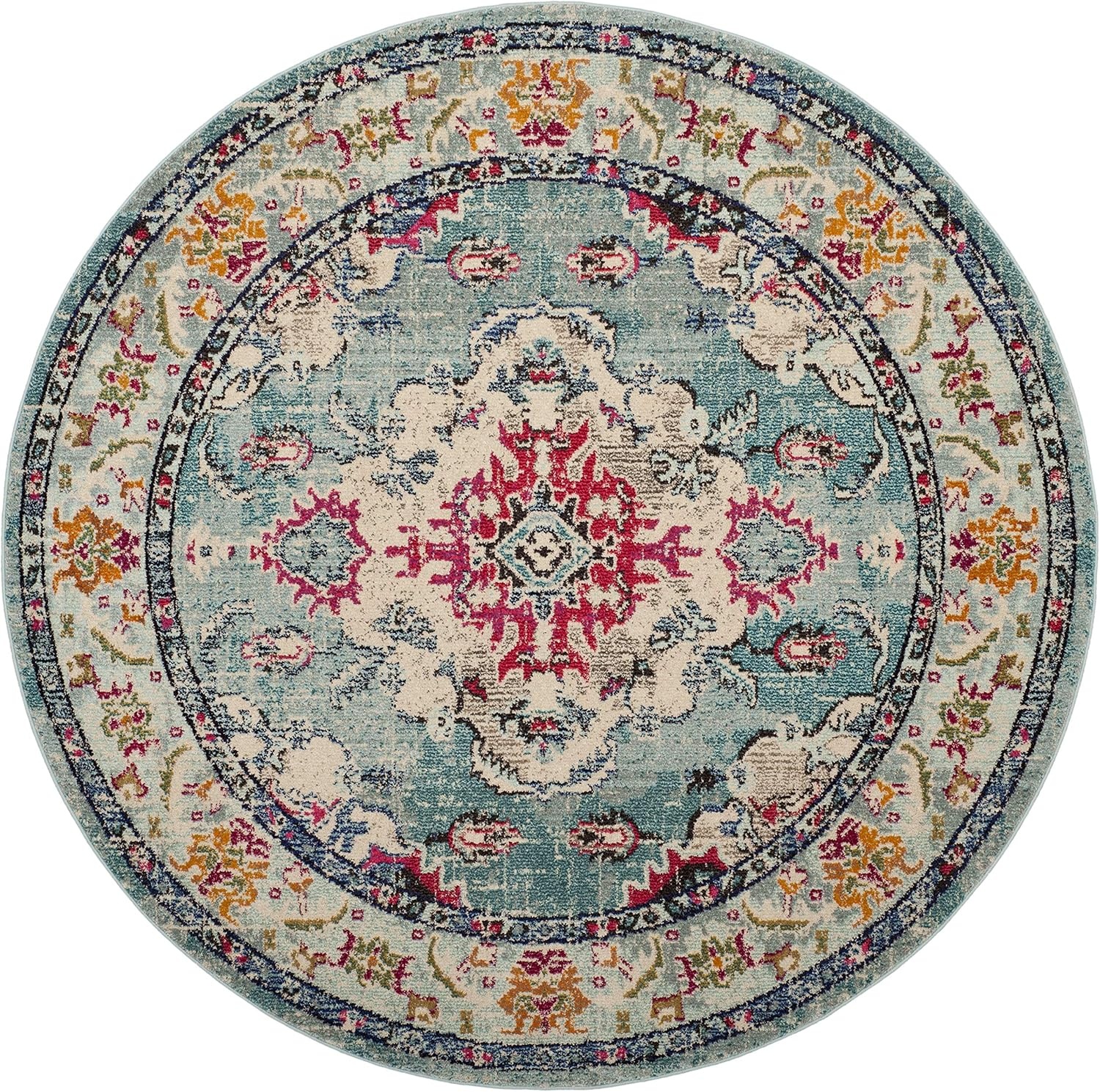 image:imageSAFAVIEH Monaco Collection Area Rug 8 Round Forest Green amp Light Blue NonShedding amp Easy to Clean Distressed Medallion Design Ideal for Living Room Bedroom Dining Space MNC243FLight BlueFuchsia