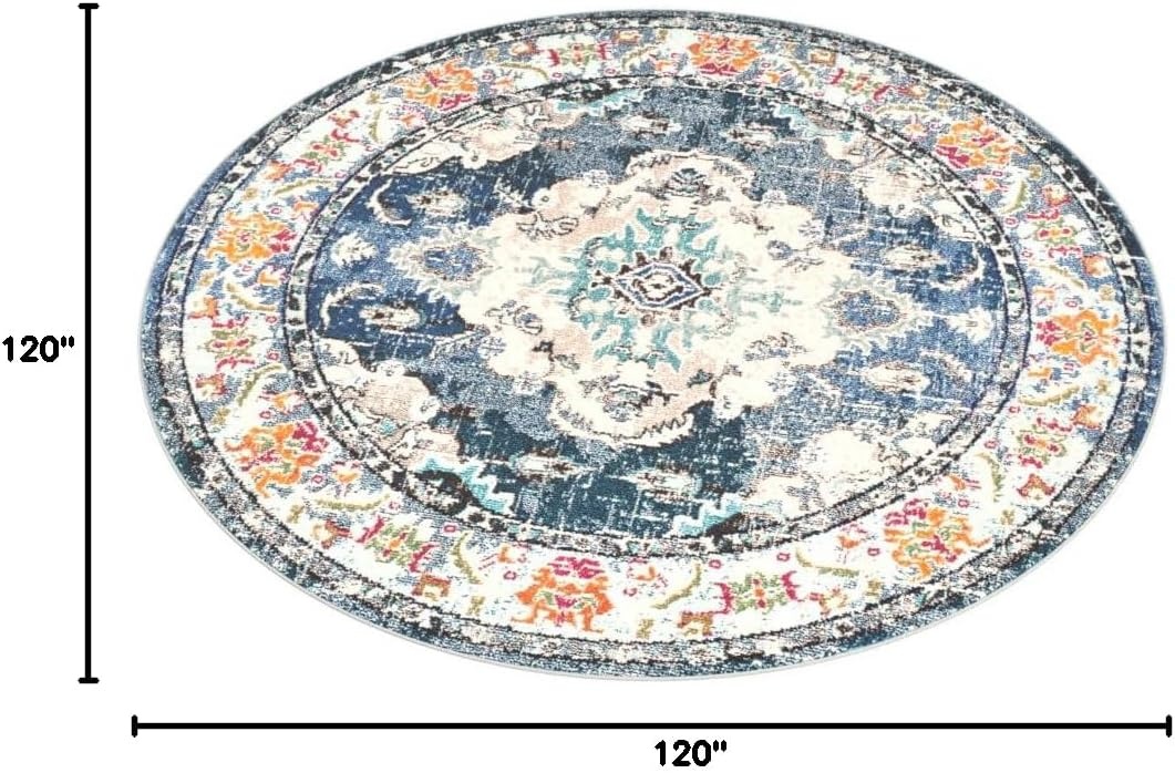 image:imageSAFAVIEH Monaco Collection Area Rug 8 Round Forest Green amp Light Blue NonShedding amp Easy to Clean Distressed Medallion Design Ideal for Living Room Bedroom Dining Space MNC243FNavyLight Blue