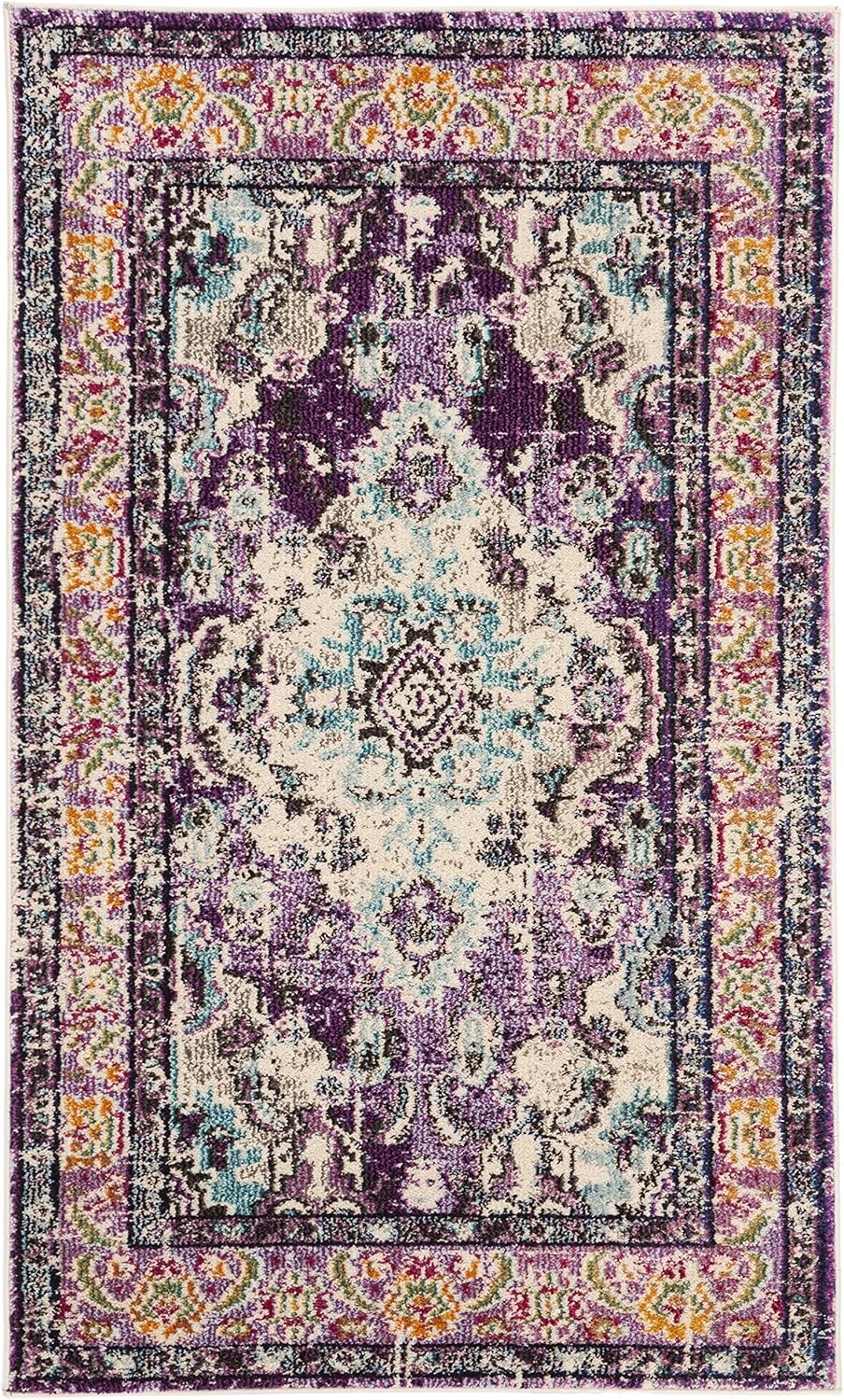 image:imageSAFAVIEH Monaco Collection Area Rug 8 Round Forest Green amp Light Blue NonShedding amp Easy to Clean Distressed Medallion Design Ideal for Living Room Bedroom Dining Space MNC243FVioletLight Blue