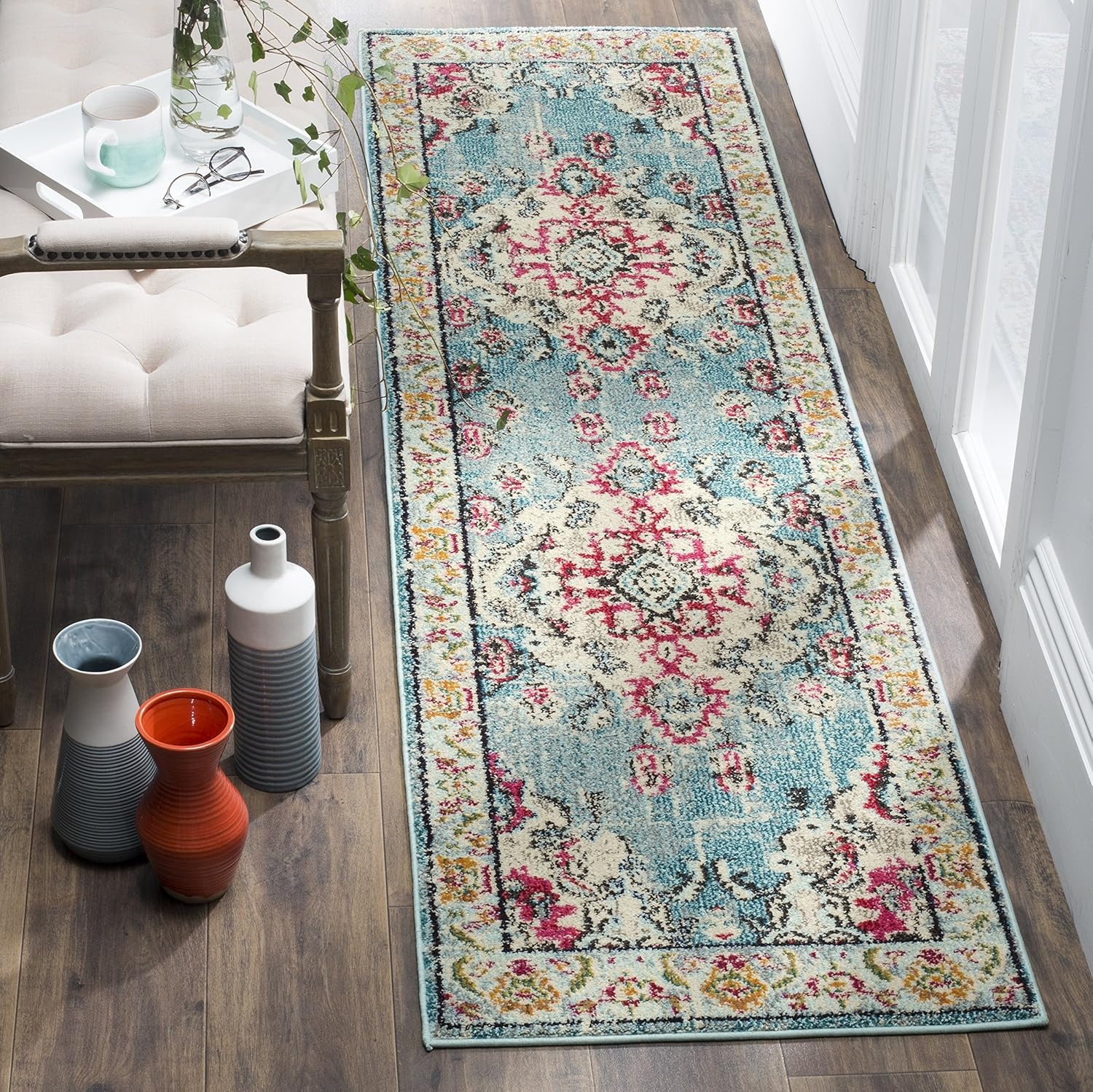 image:imageSAFAVIEH Monaco Collection Area Rug 8 Round Forest Green amp Light Blue NonShedding amp Easy to Clean Distressed Medallion Design Ideal for Living Room Bedroom Dining Space MNC243FLight BlueFuchsia