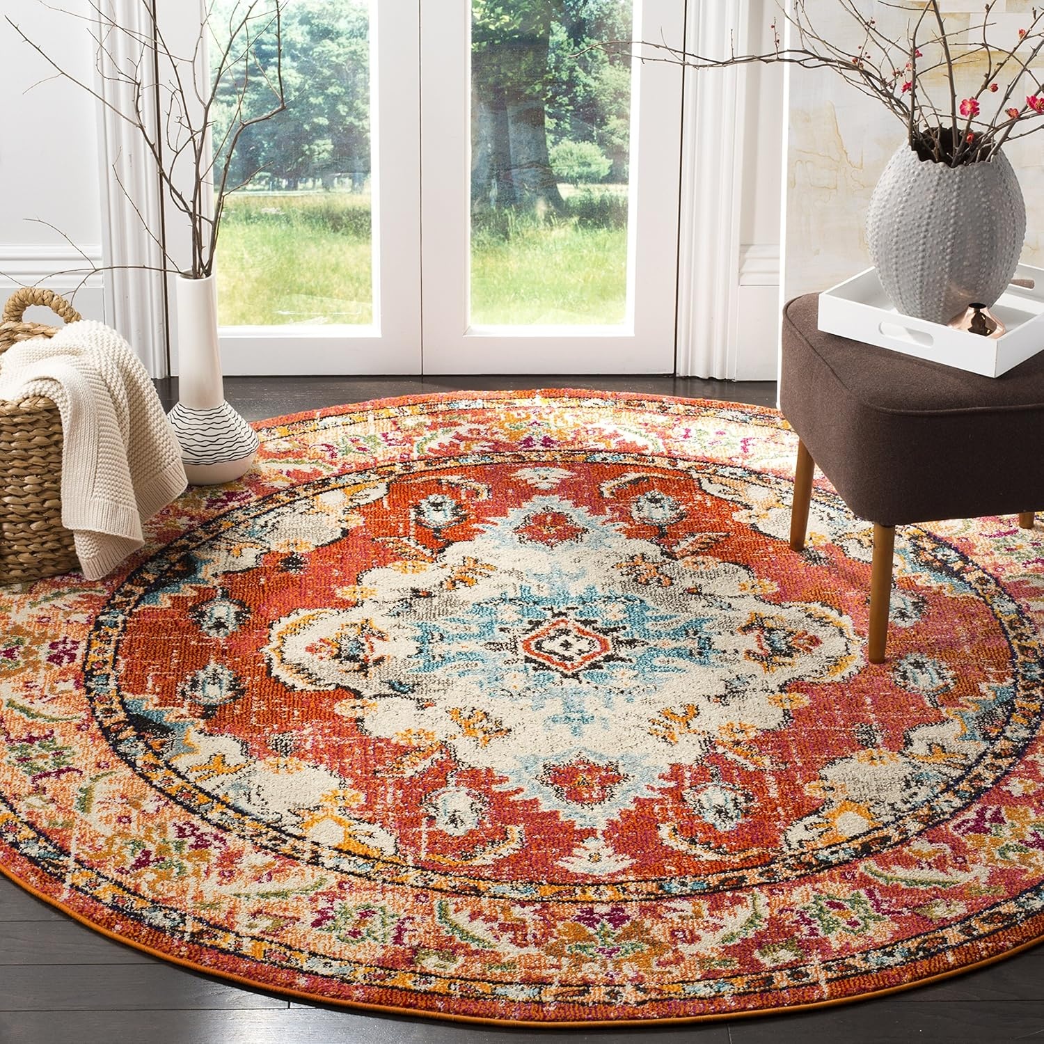 image:imageSAFAVIEH Monaco Collection Area Rug 8 Round Forest Green amp Light Blue NonShedding amp Easy to Clean Distressed Medallion Design Ideal for Living Room Bedroom Dining Space MNC243FOrangeLight Blue