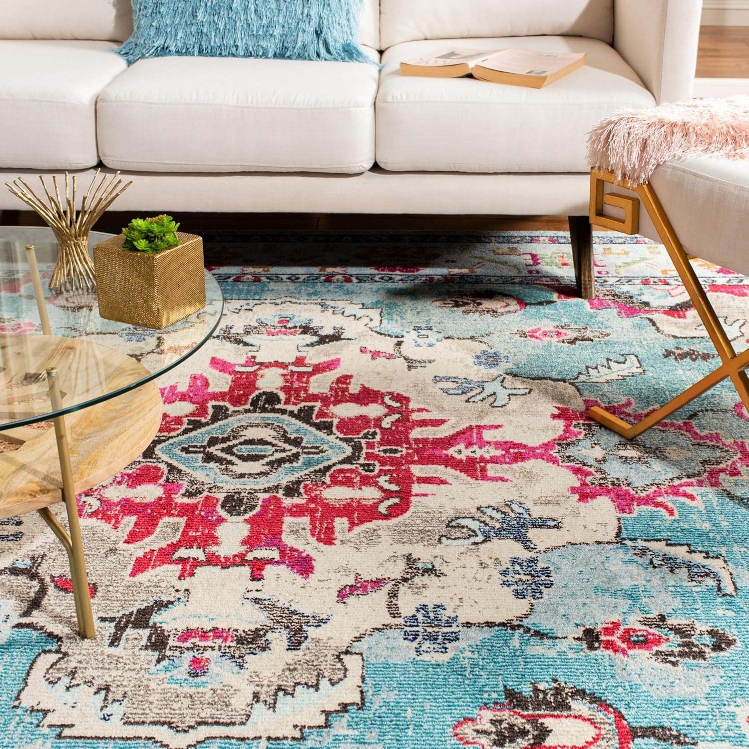 image:imageSAFAVIEH Monaco Collection Area Rug 8 Round Forest Green amp Light Blue NonShedding amp Easy to Clean Distressed Medallion Design Ideal for Living Room Bedroom Dining Space MNC243FLight BlueFuchsia