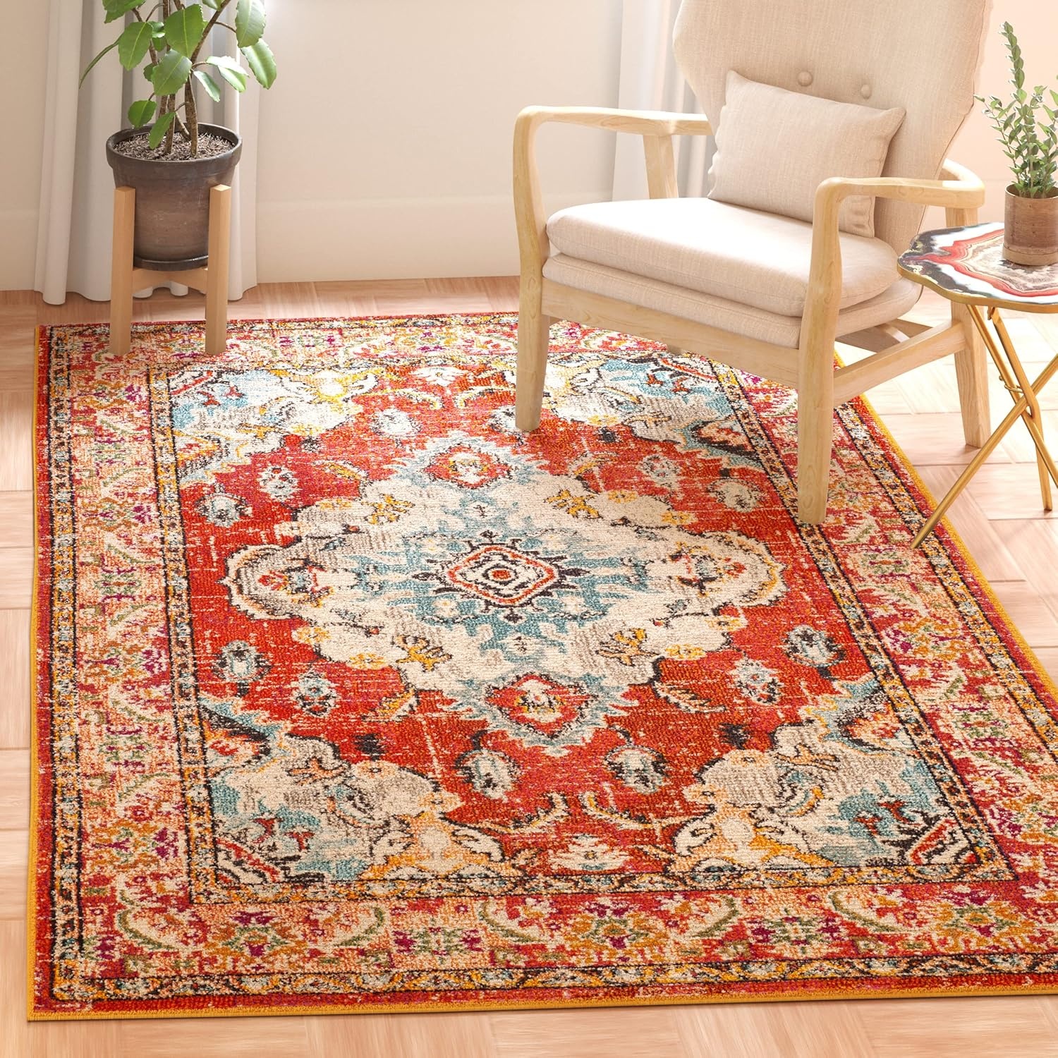 image:imageSAFAVIEH Monaco Collection Area Rug 8 Round Forest Green amp Light Blue NonShedding amp Easy to Clean Distressed Medallion Design Ideal for Living Room Bedroom Dining Space MNC243FOrangeLight Blue