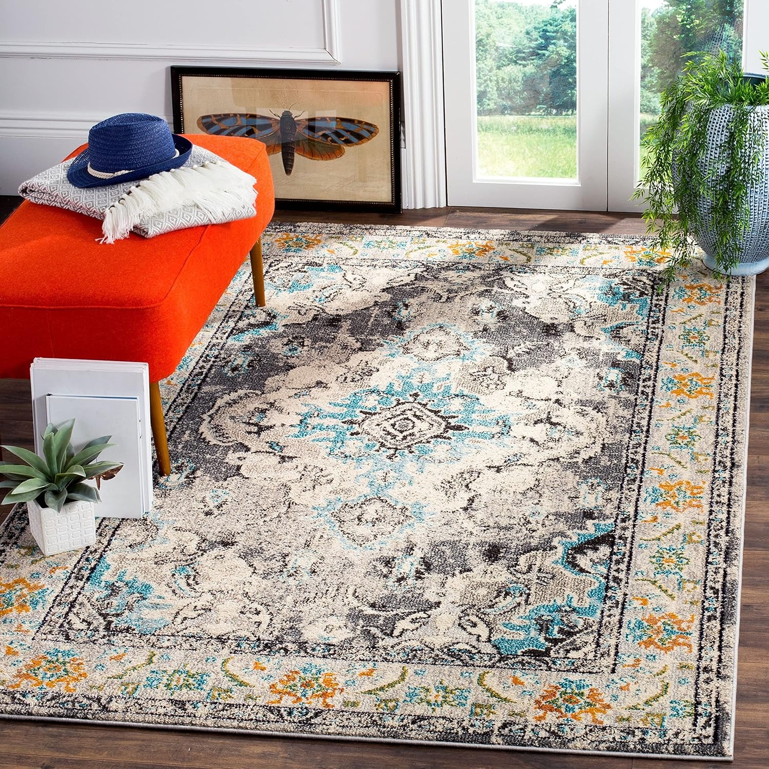image:imageSAFAVIEH Monaco Collection Area Rug 8 Round Forest Green amp Light Blue NonShedding amp Easy to Clean Distressed Medallion Design Ideal for Living Room Bedroom Dining Space MNC243FGreyLight Blue