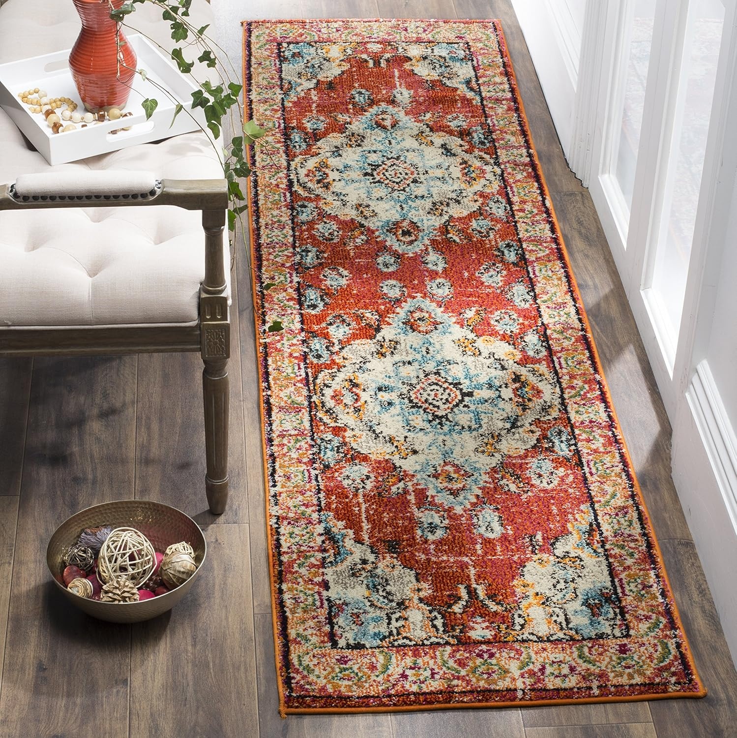 image:imageSAFAVIEH Monaco Collection Area Rug 8 Round Forest Green amp Light Blue NonShedding amp Easy to Clean Distressed Medallion Design Ideal for Living Room Bedroom Dining Space MNC243FOrangeLight Blue